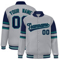 Custom Gray Color Block Satin Full-Snap Varsity Jacket - F