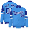 Custom Powder Blue Color Block Satin Full-Snap Varsity Jacket - F