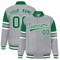 Personalized Gray Color Block Satin Full-Snap Varsity Jacket - F