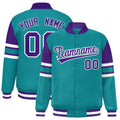 Custom Teal Color Block Satin Full-Snap Varsity Jacket - F
