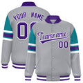 Personalized Gray Color Block Satin Full-Snap Varsity Jacket - F
