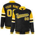 Custom Black Color Block Satin Full-Snap Varsity Jacket - F