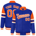 Personalized Royal Blue Color Block Satin Full-Snap Varsity Jacket - F