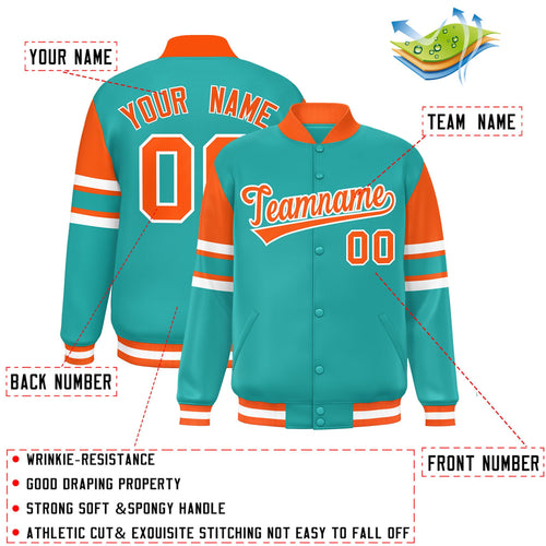 Custom Aqua Color Block Satin Full-Snap Varsity Jacket - C