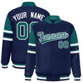 Personalized Navy Color Block Satin Full-Snap Varsity Jacket - F