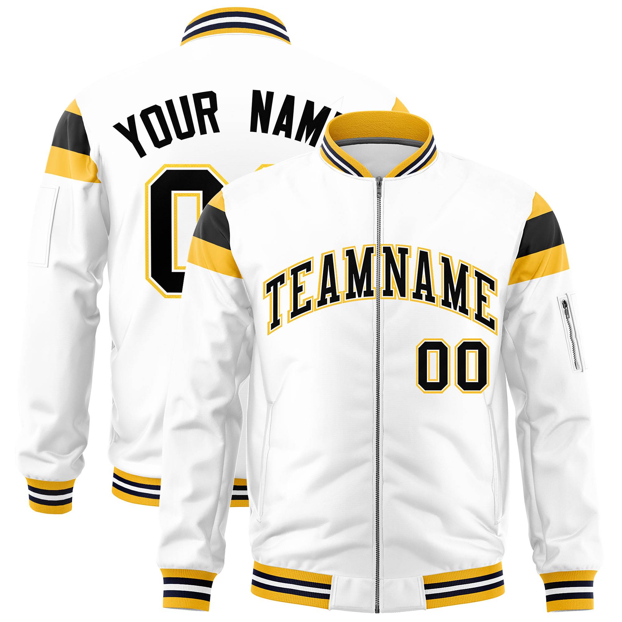 Custom White Gold-Black Varsity Full-Zip Shoulder Color Block Letterman Bomber Jacket
