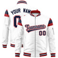 Custom White Red-Navy Varsity Full-Zip Shoulder Color Block Letterman Bomber Jacket