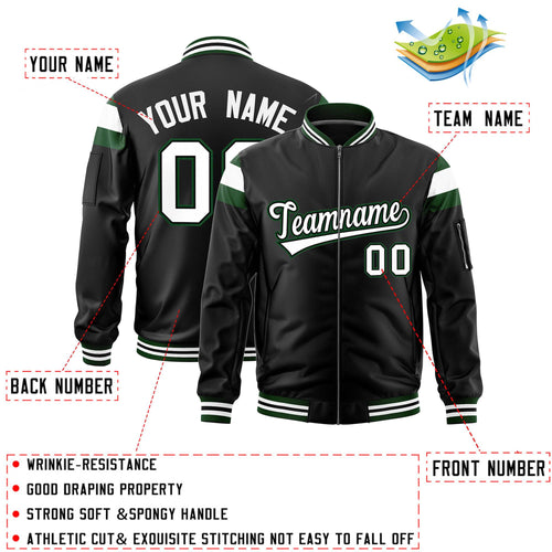 Custom Black Green-White Varsity Full-Zip Shoulder Color Block Letterman Bomber Jacket