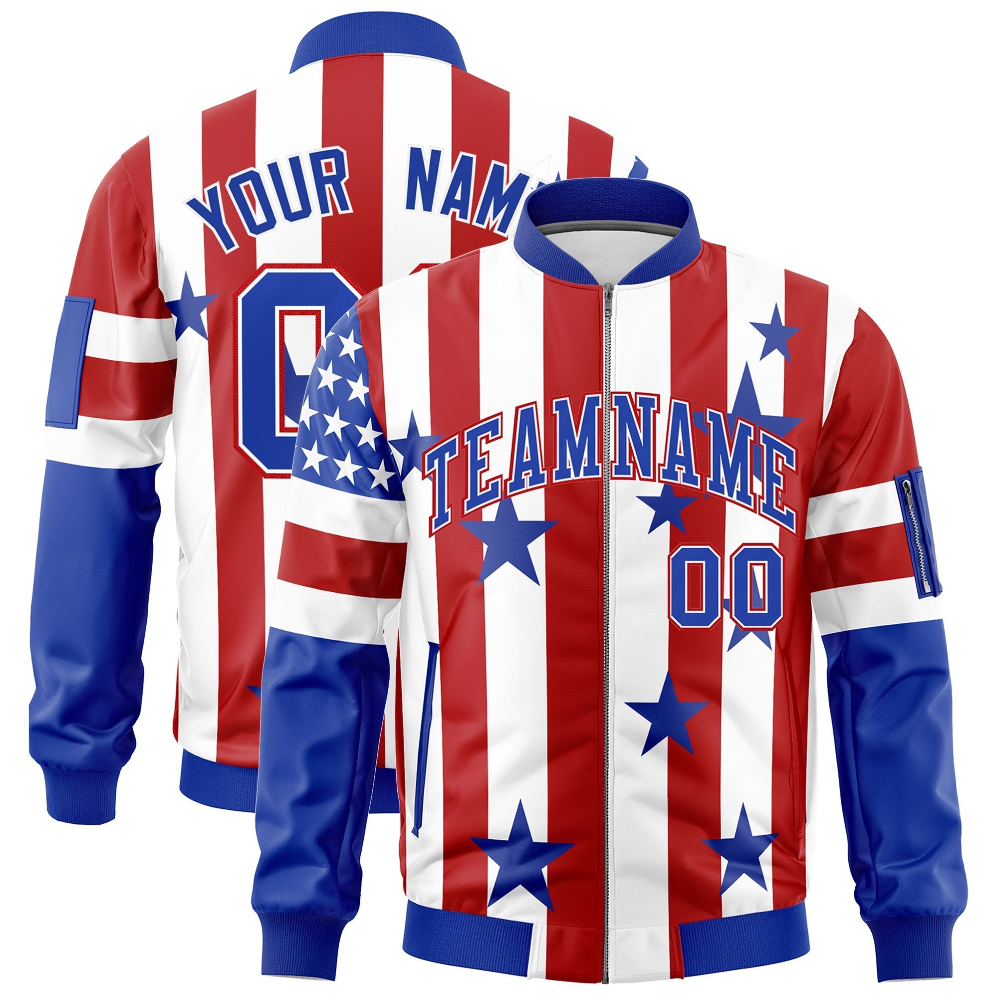 Custom White Red Royal Blue Independence Day Full Zip American Flag Wrinkle-Resistant Jacket| KXKSHOP