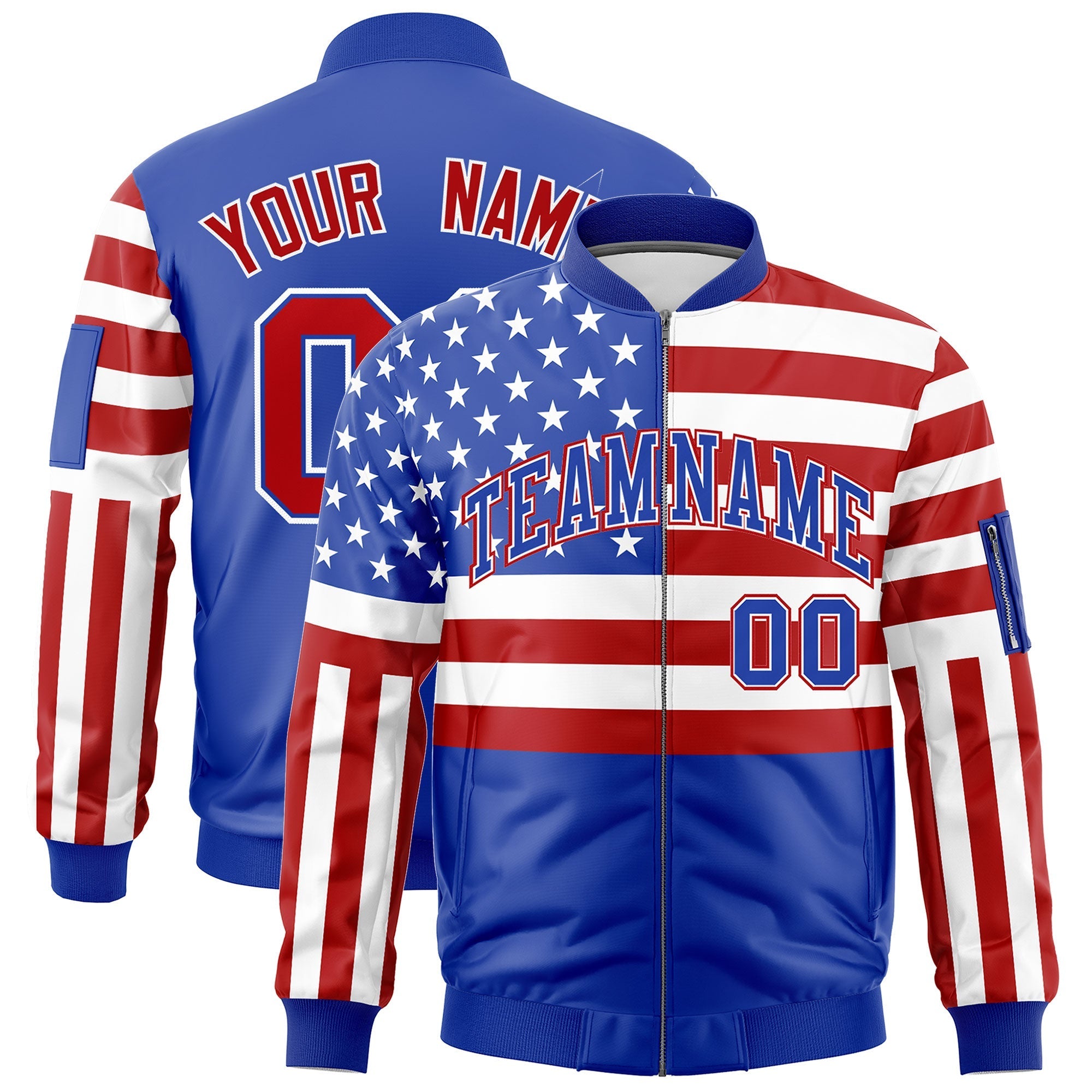 Custom Royal Blue Red White Independence Day Full Zip American Flag Wrinkle-Resistant Jacket| KXKSHOP