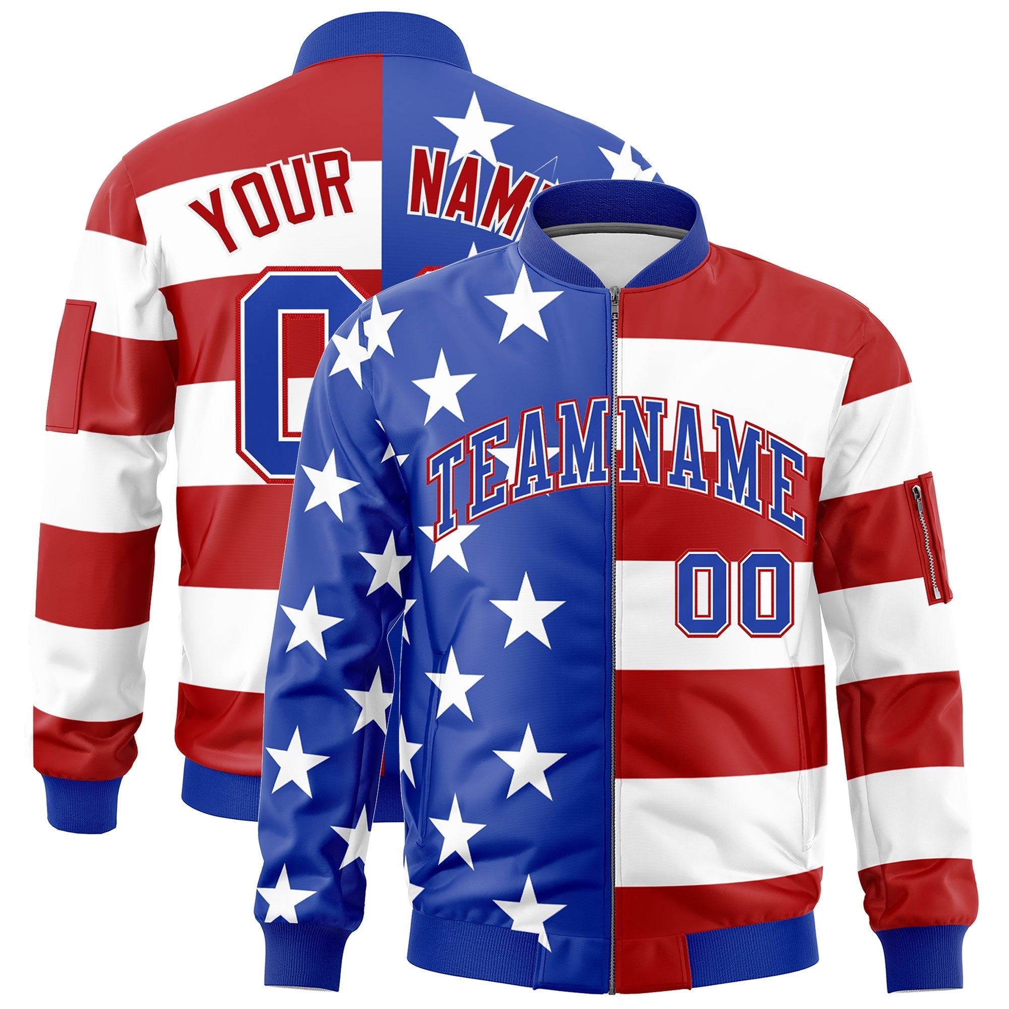 Custom Royal Blue Red White Independence Day Full Zip American Flag Wrinkle-Resistant Jacket| KXKSHOP