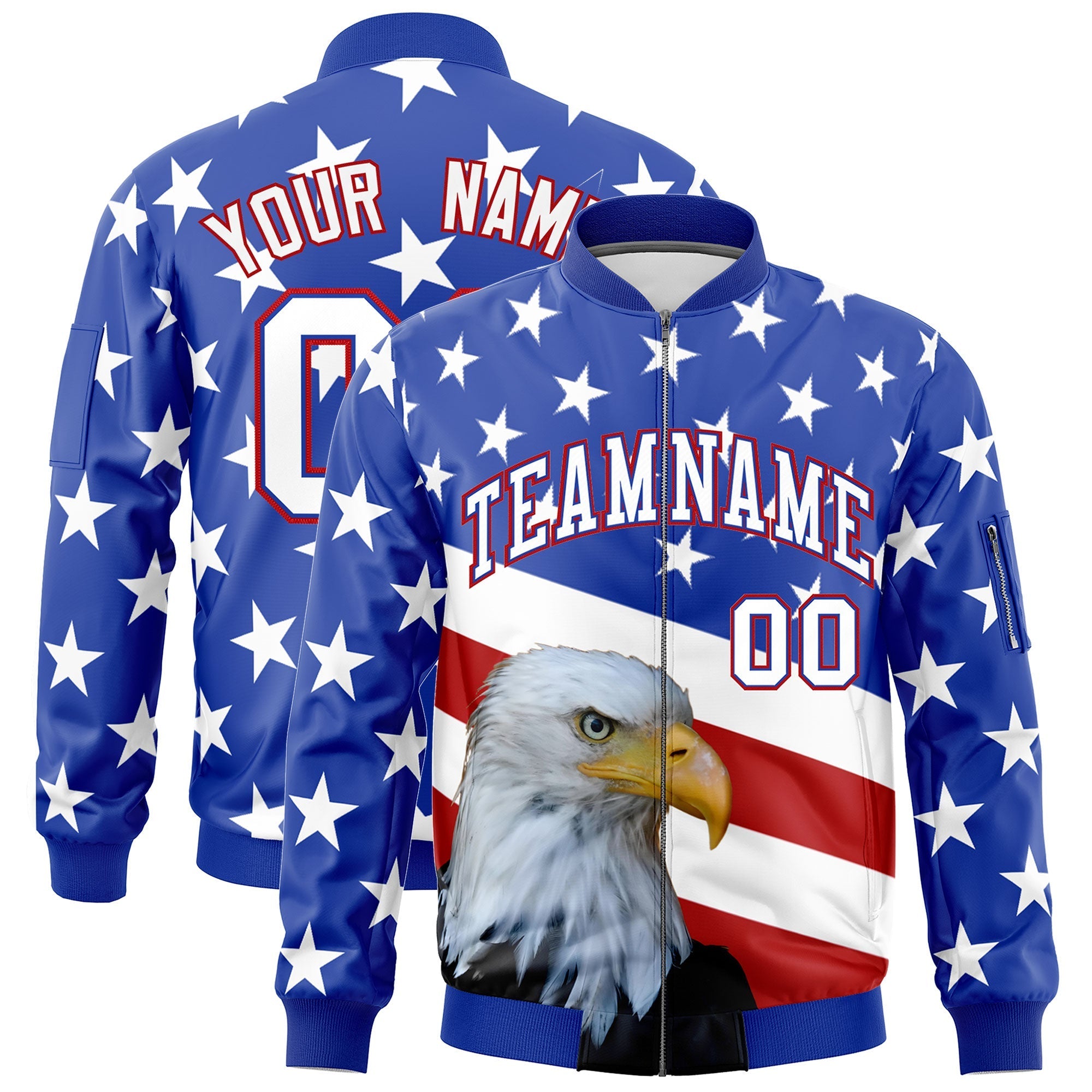 Custom Royal Blue White Red Independence Day Full Zip American Flag Wrinkle-Resistant Jacket| KXKSHOP