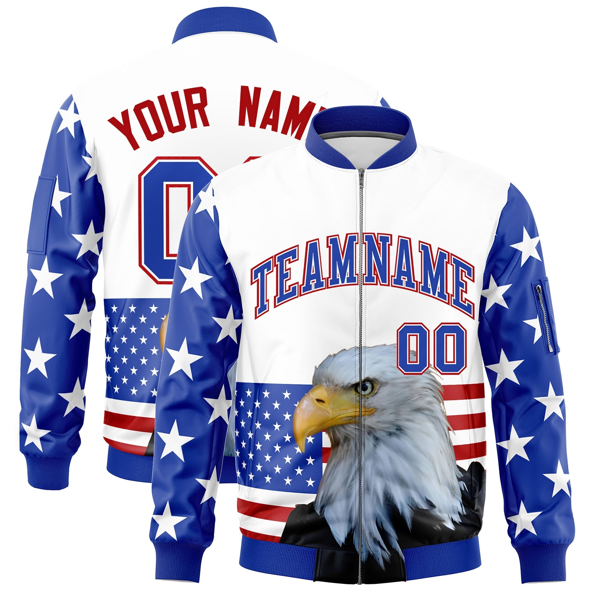 Custom White Royal Blue Red Independence Day Full Zip American Flag Wrinkle-Resistant Jacket| KXKSHOP