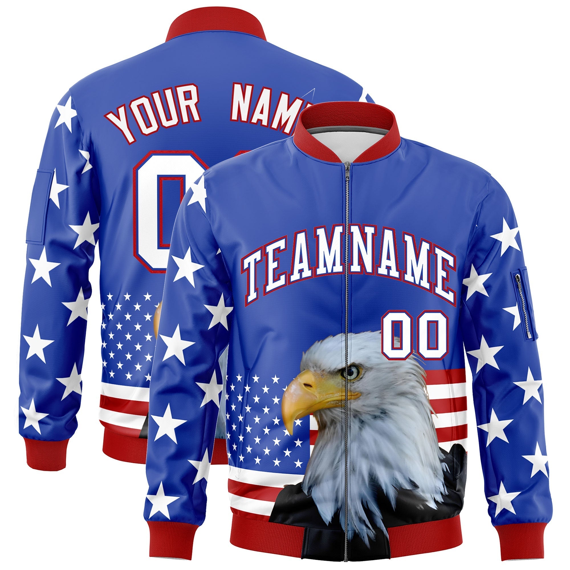 Custom Royal Blue White Red Independence Day Full Zip American Flag Wrinkle-Resistant Jacket| KXKSHOP
