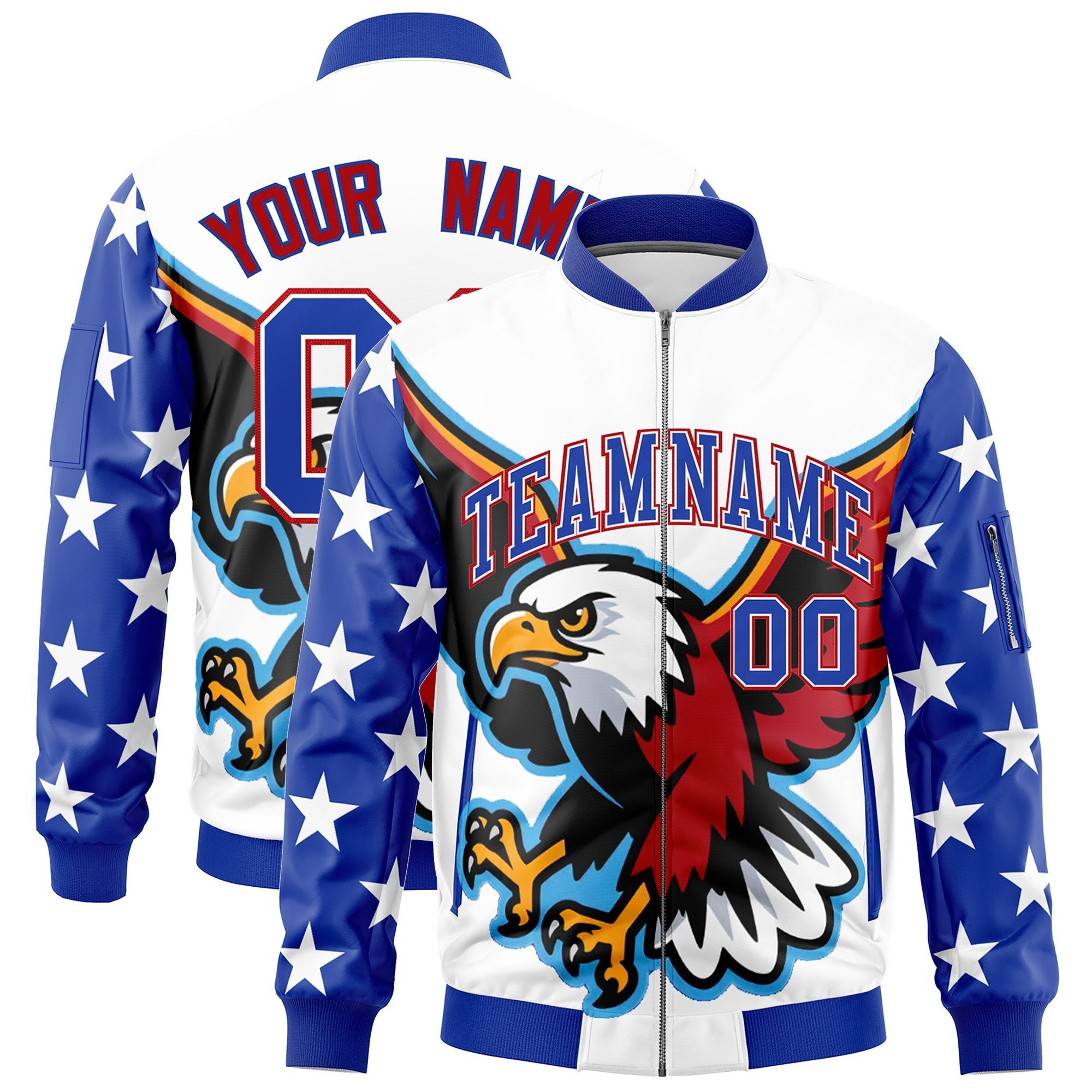 Custom White Royal Blue Red Independence Day Full Zip American Flag Wrinkle-Resistant Jacket| KXKSHOP