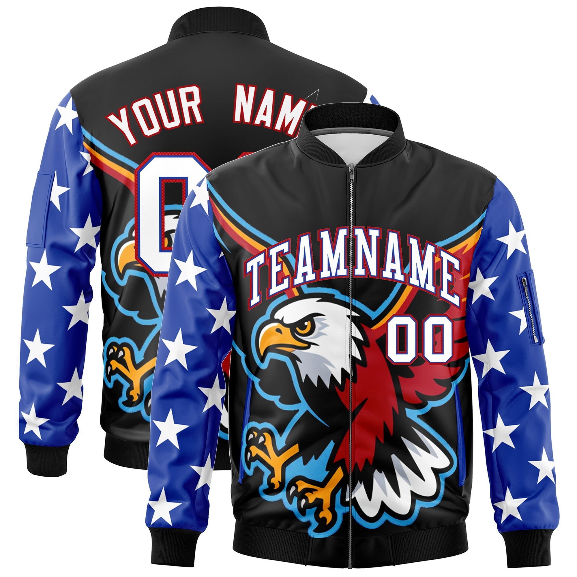 Custom Black Royal Blue White Independence Day Full Zip American Flag Wrinkle-Resistant Jacket| KXKSHOP