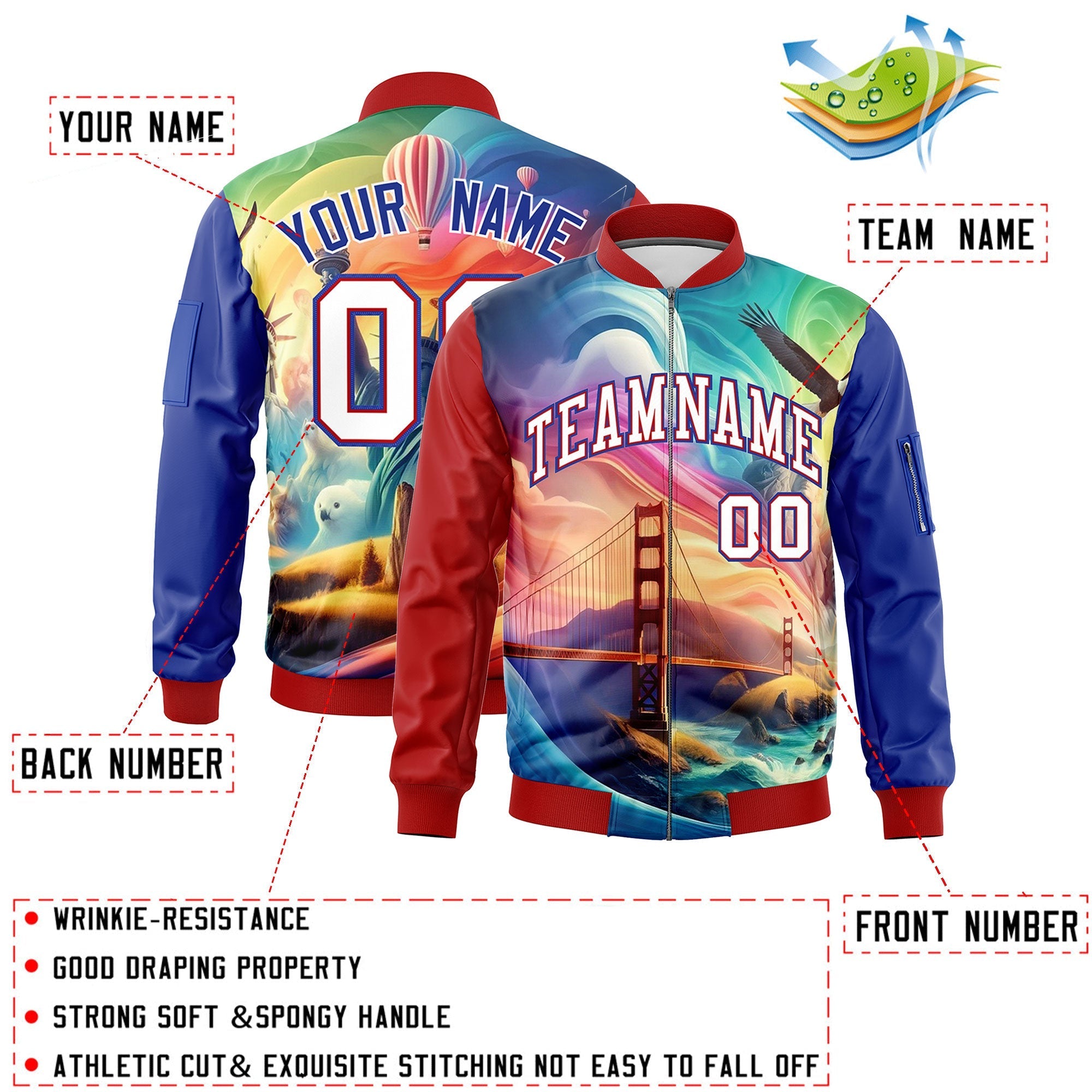 Custom Red Royal Blue White Independence Day Full Zip American Flag Wrinkle-Resistant Jacket| KXKSHOP
