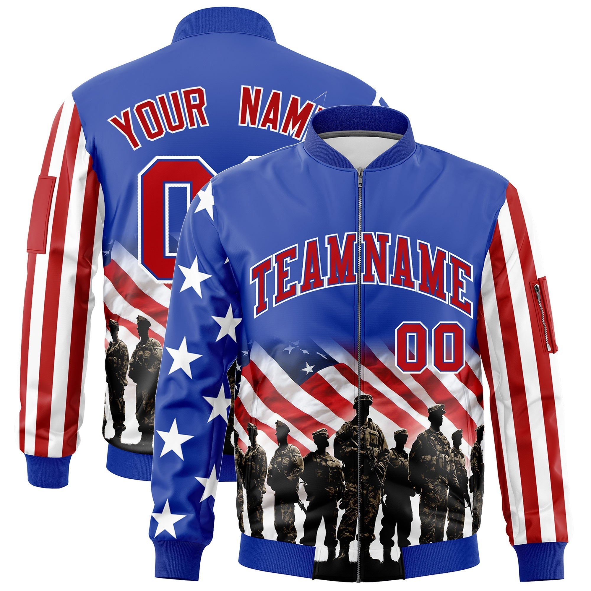 Custom Royal Blue White Red Independence Day Full Zip American Flag Wrinkle-Resistant Jacket| KXKSHOP