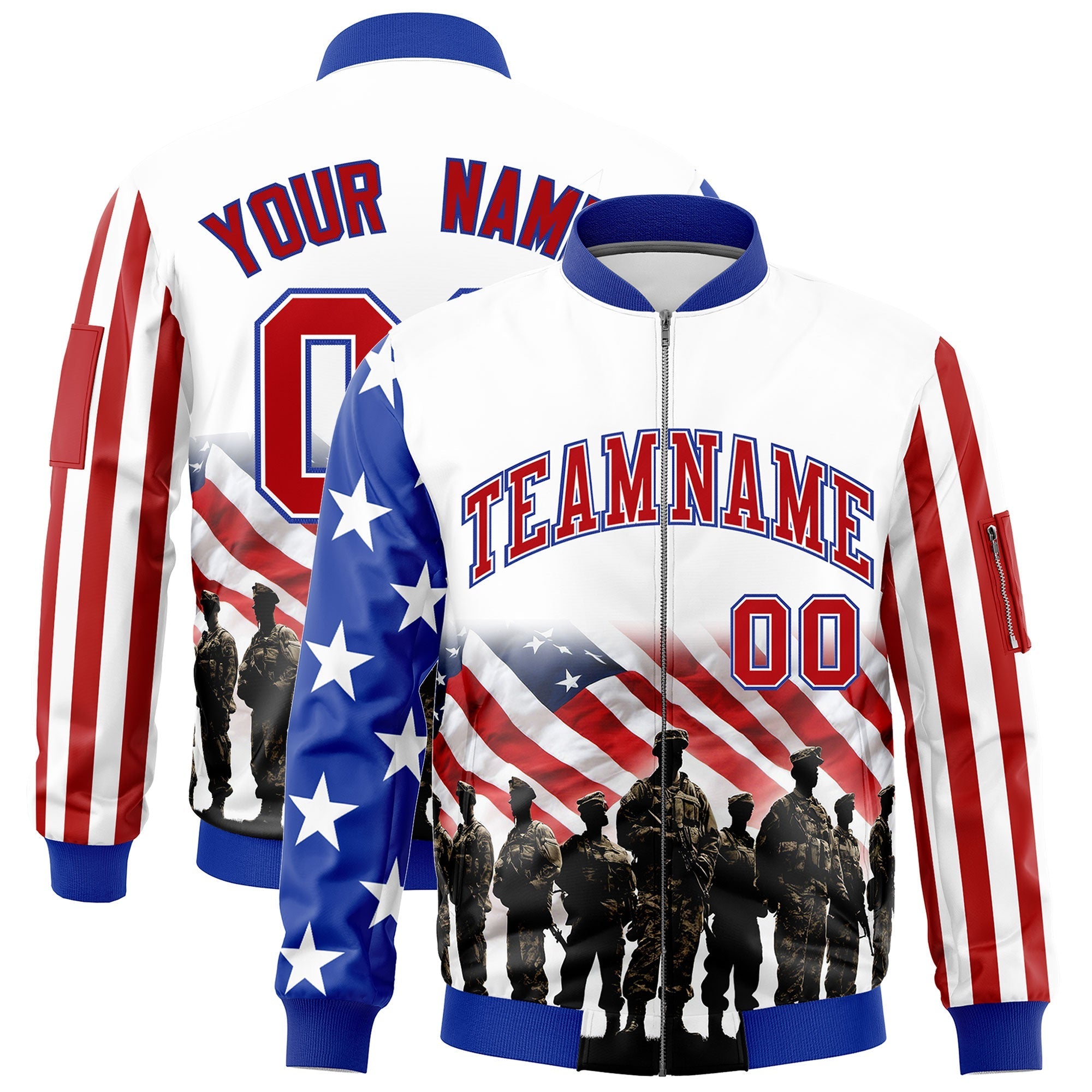 Custom White Red Royal Blue Independence Day Full Zip American Flag Wrinkle-Resistant Jacket| KXKSHOP