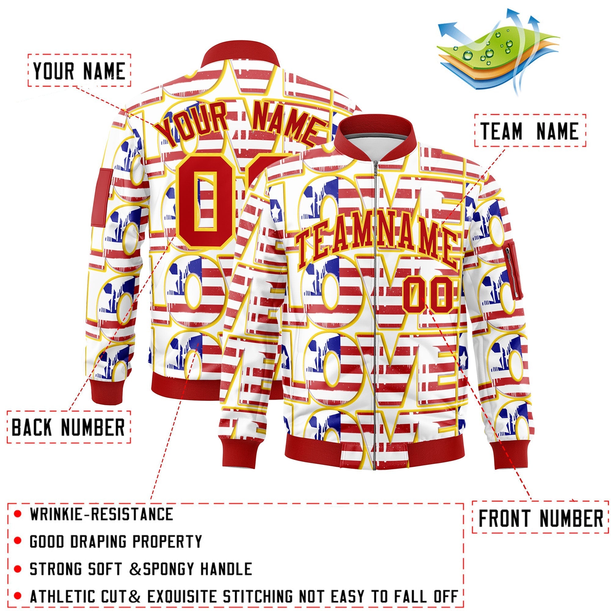 Custom White Red Gold Independence Day Full Zip American Flag Wrinkle-Resistant Jacket| KXKSHOP