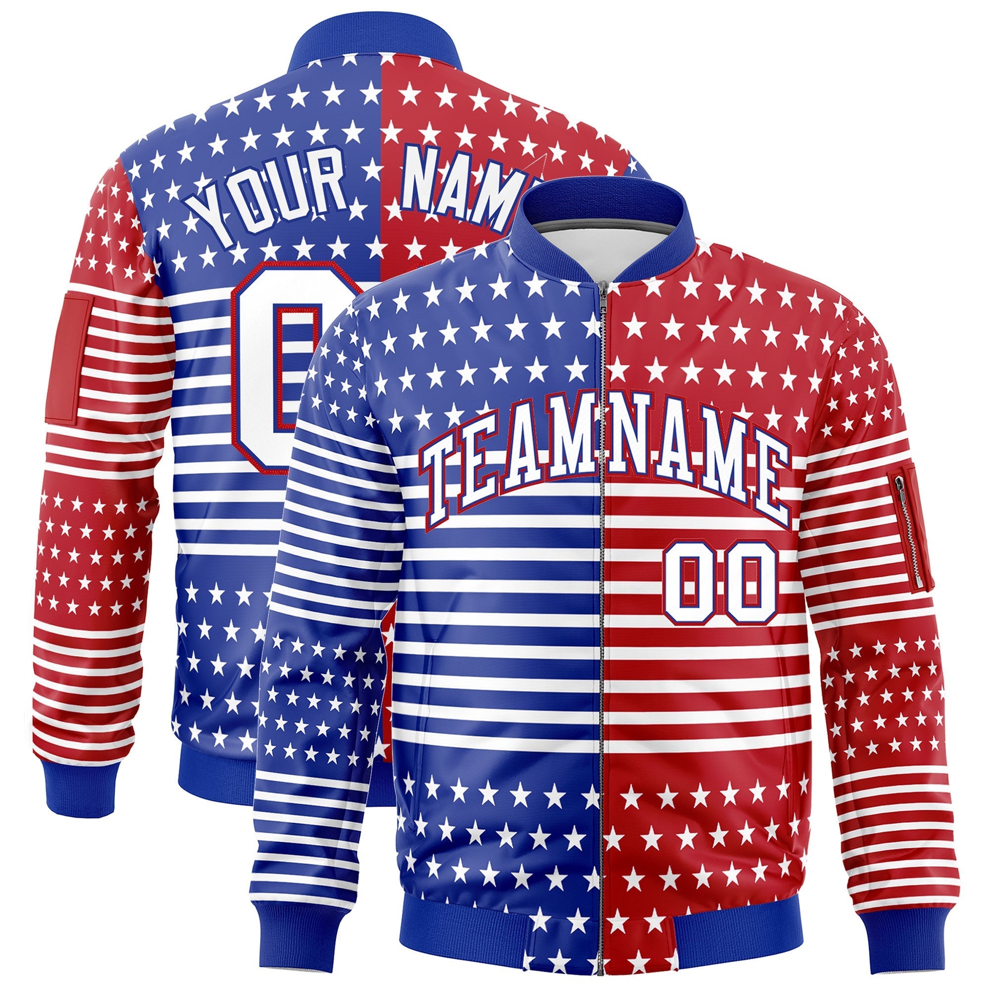 Custom Royal Blue Red White Independence Day Full Zip American Flag Wrinkle-Resistant Jacket| KXKSHOP