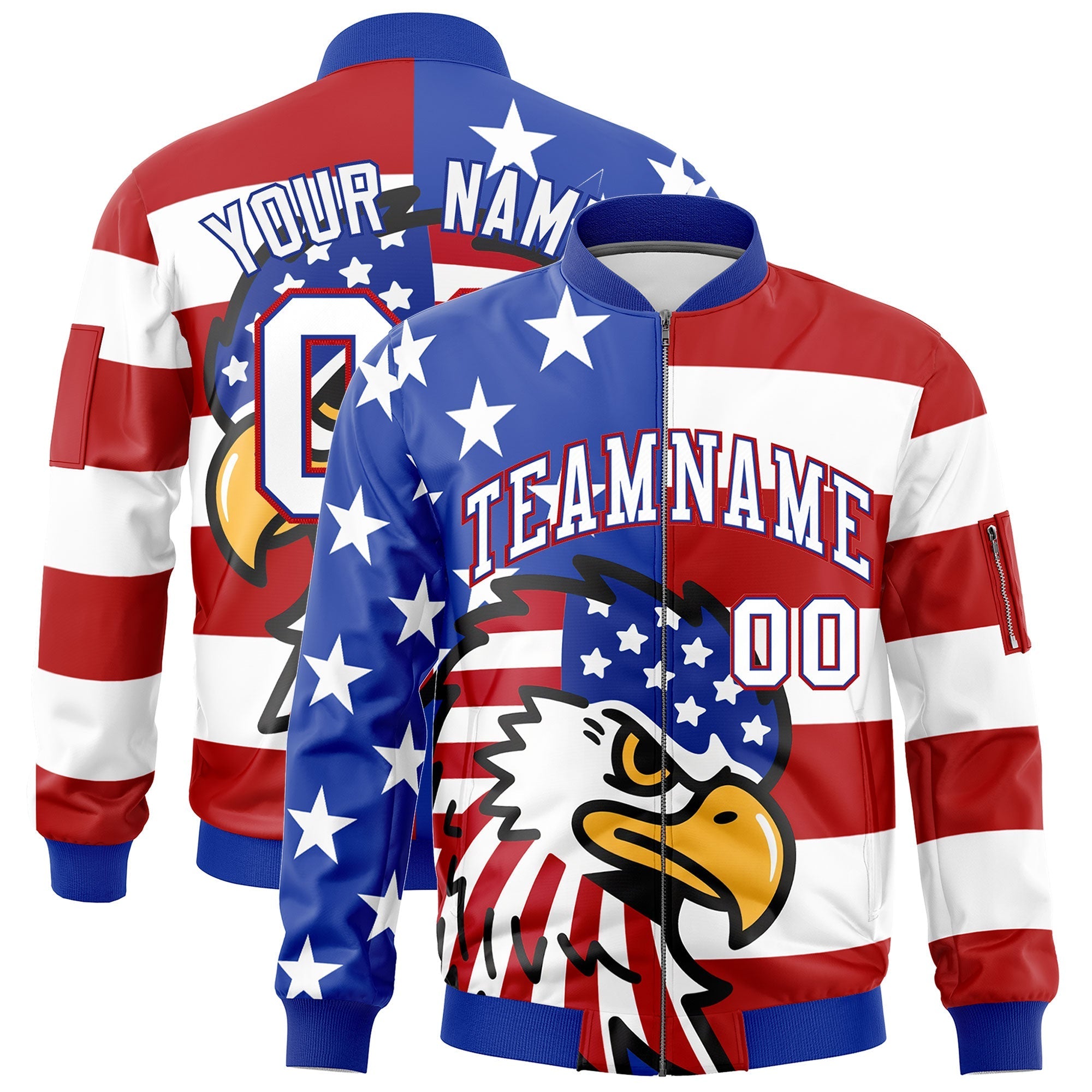Custom Royal Blue White Red Independence Day Full Zip American Flag Wrinkle-Resistant Jacket| KXKSHOP