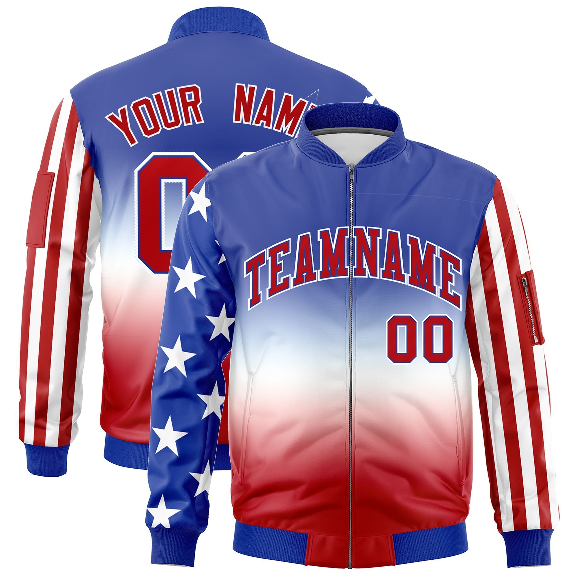 Custom Royal Blue White Red Independence Day Full Zip American Flag Wrinkle-Resistant Jacket| KXKSHOP