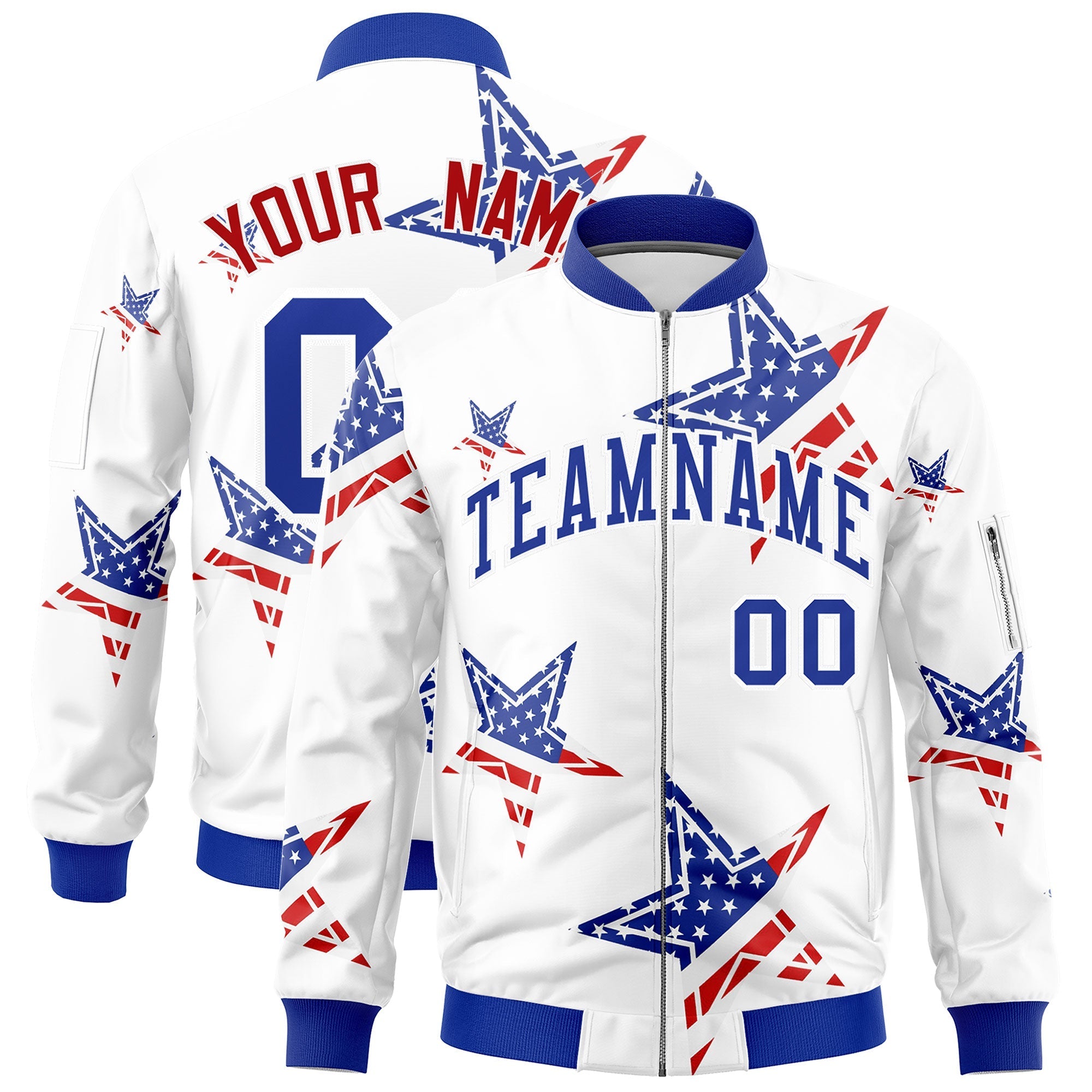Custom White Royal Blue Red Independence Day Full Zip American Flag Wrinkle-Resistant Jacket| KXKSHOP