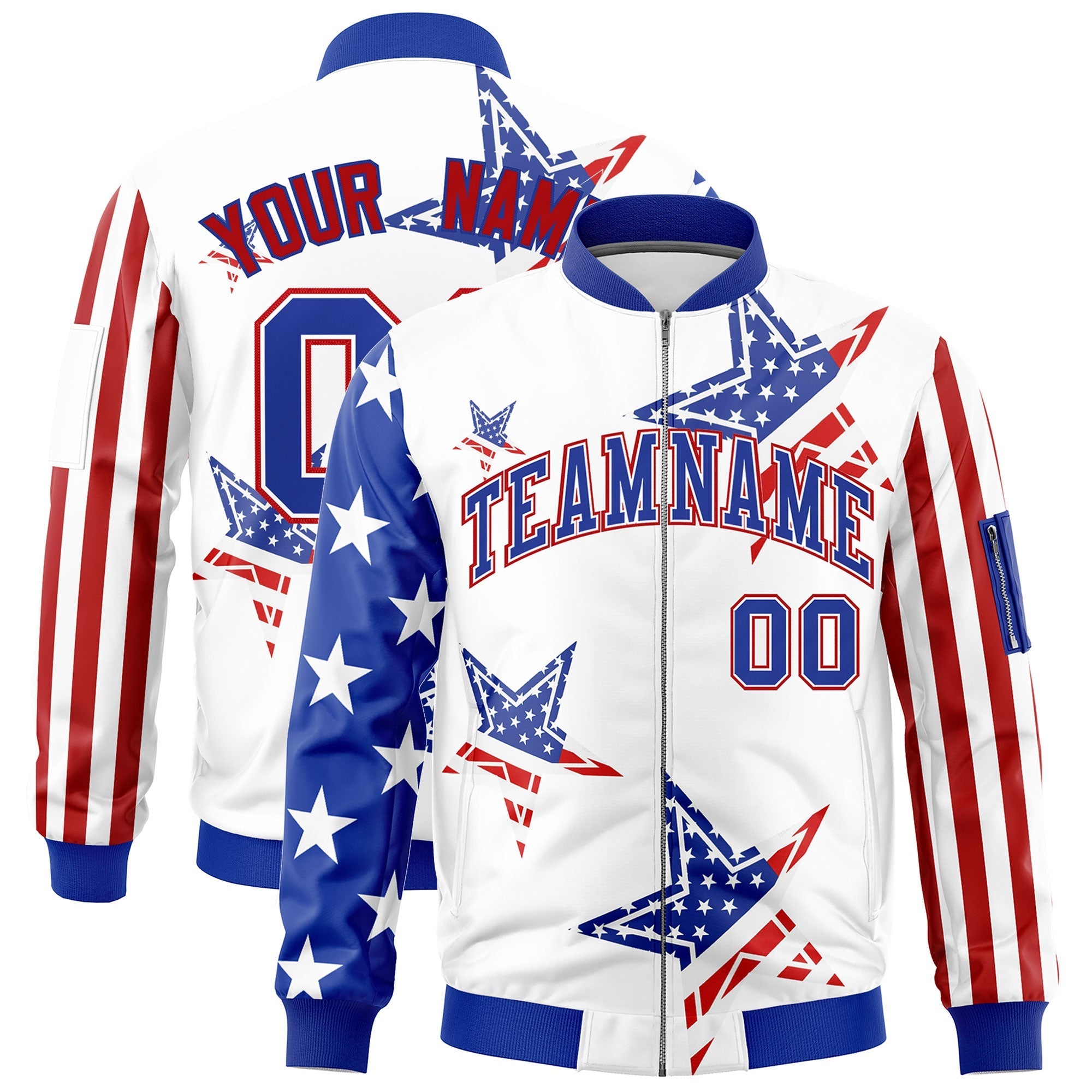 Custom White Red Royal Blue Independence Day Full Zip American Flag Wrinkle-Resistant Jacket| KXKSHOP