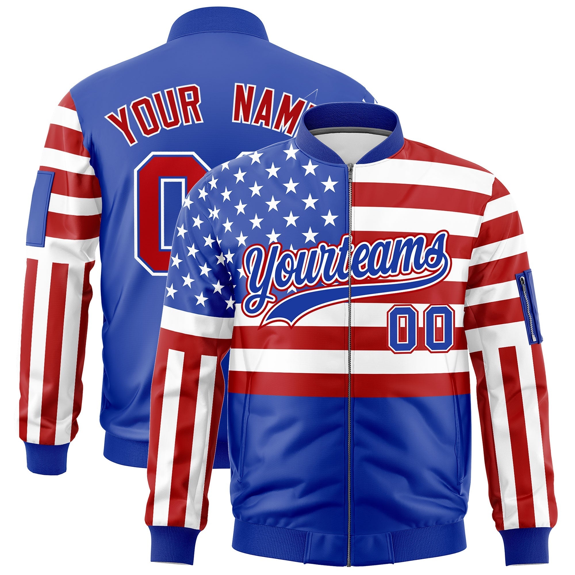 Custom Royal Blue Red White Independence Day Full Zip American Flag Wrinkle-Resistant Jacket| KXKSHOP
