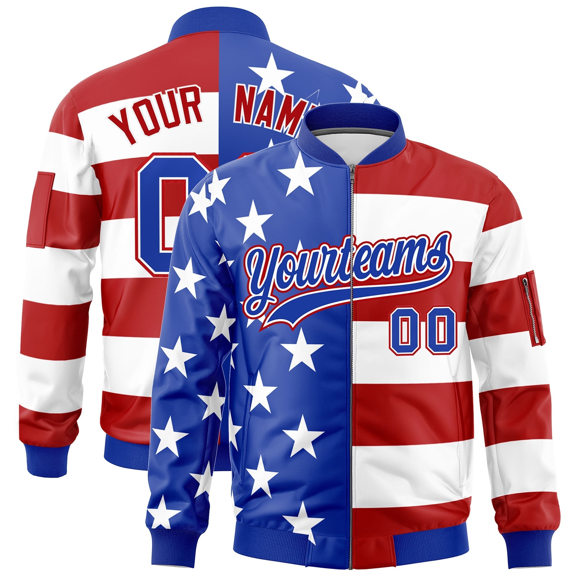 Custom Royal Blue Red White Independence Day Full Zip American Flag Wrinkle-Resistant Jacket| KXKSHOP
