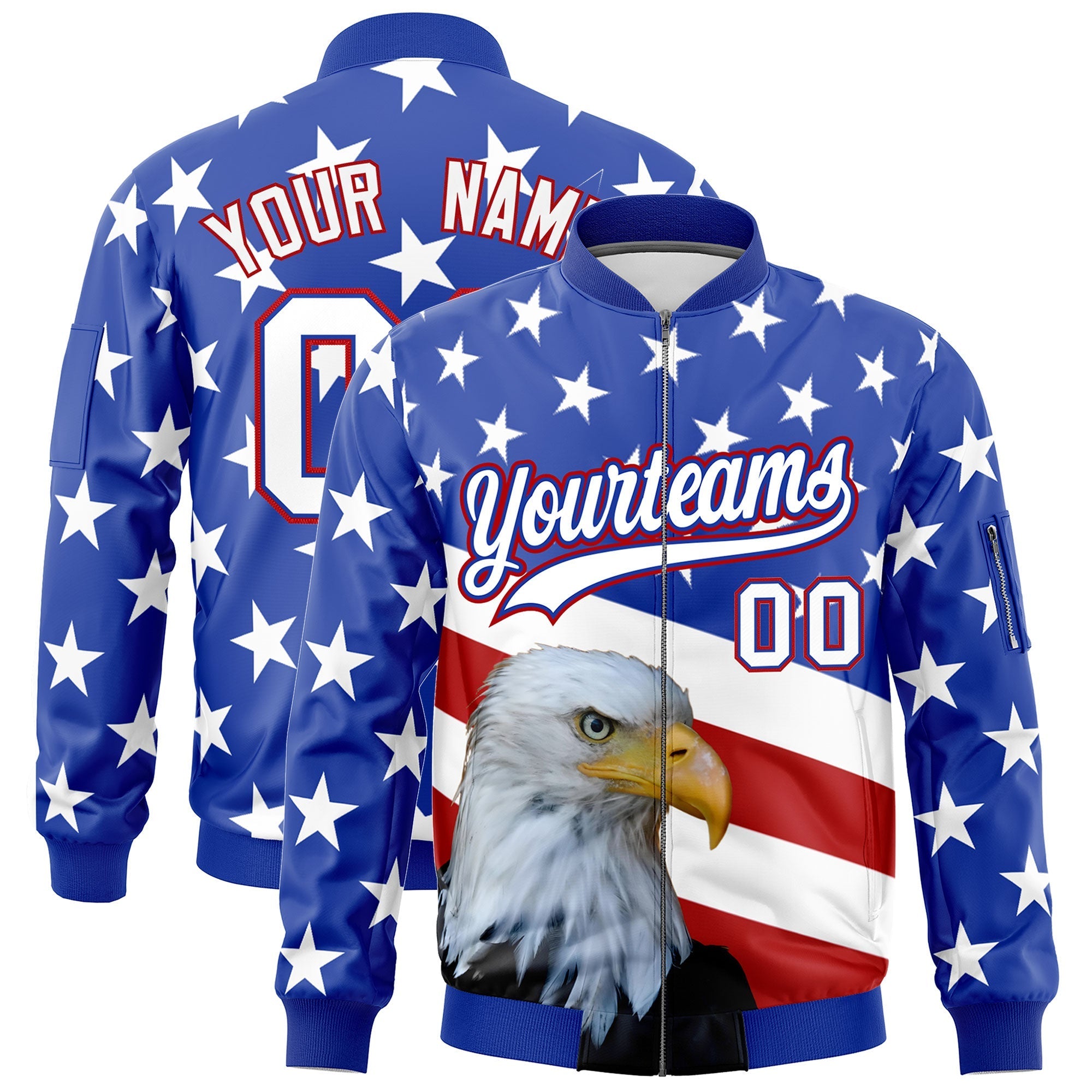 Custom Royal Blue White Red Independence Day Full Zip American Flag Wrinkle-Resistant Jacket| KXKSHOP