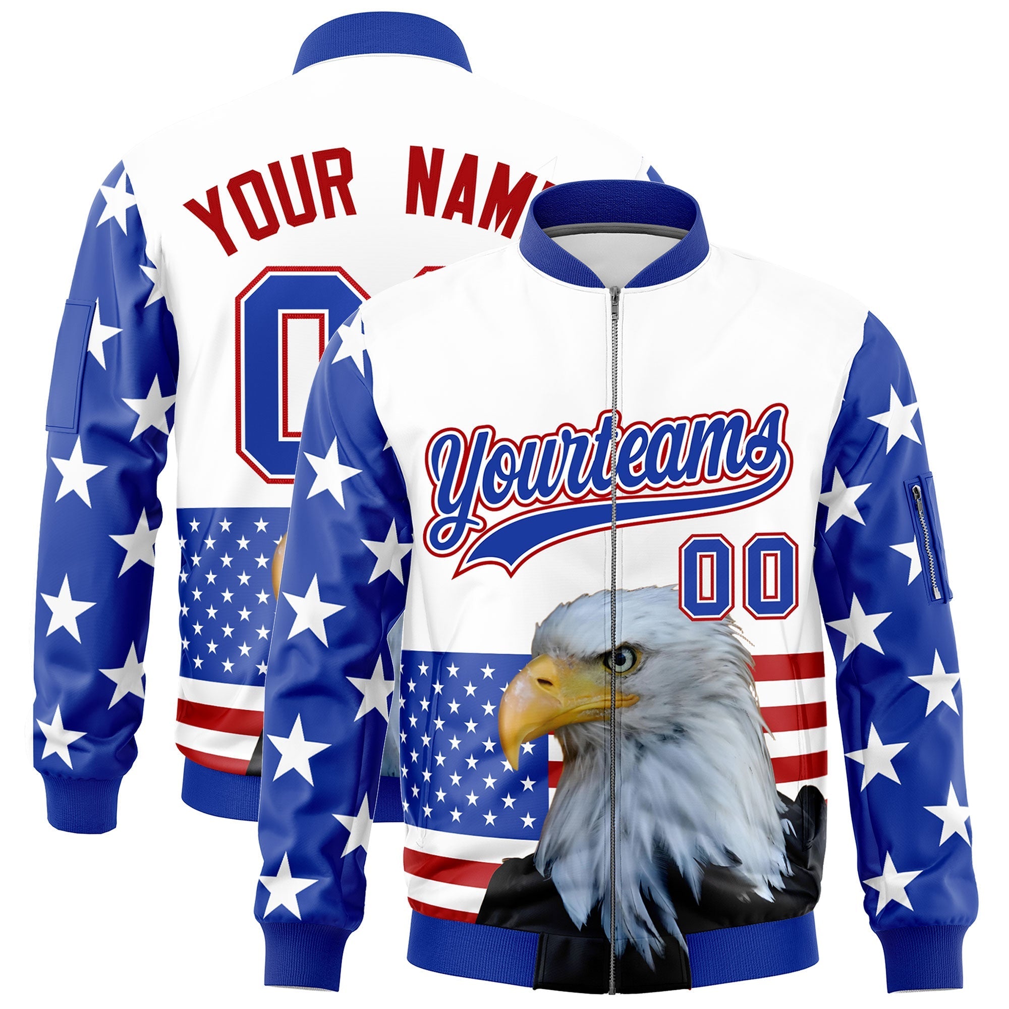 Custom White Royal Blue Red Independence Day Full Zip American Flag Wrinkle-Resistant Jacket| KXKSHOP