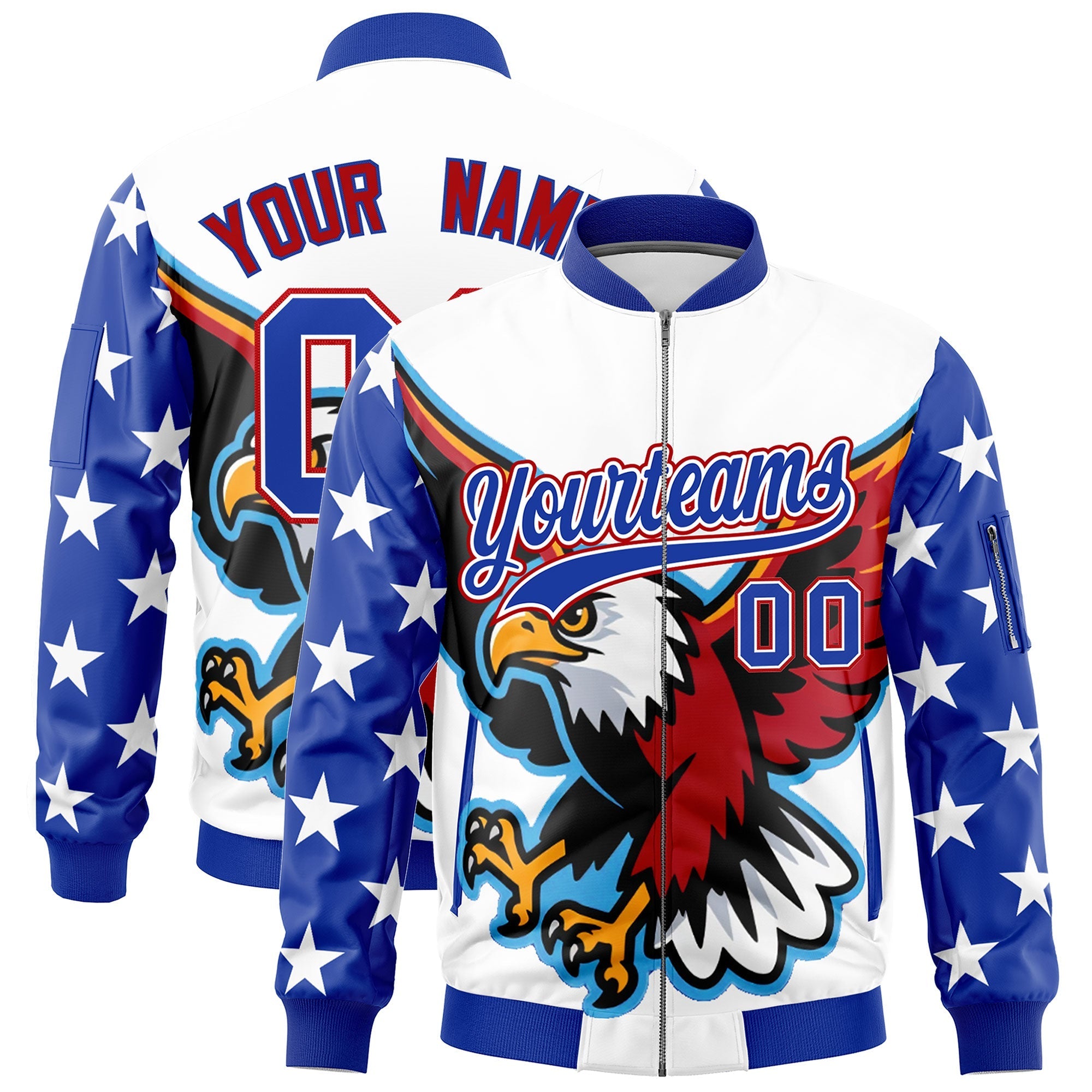 Custom White Royal Blue Red Independence Day Full Zip American Flag Wrinkle-Resistant Jacket| KXKSHOP
