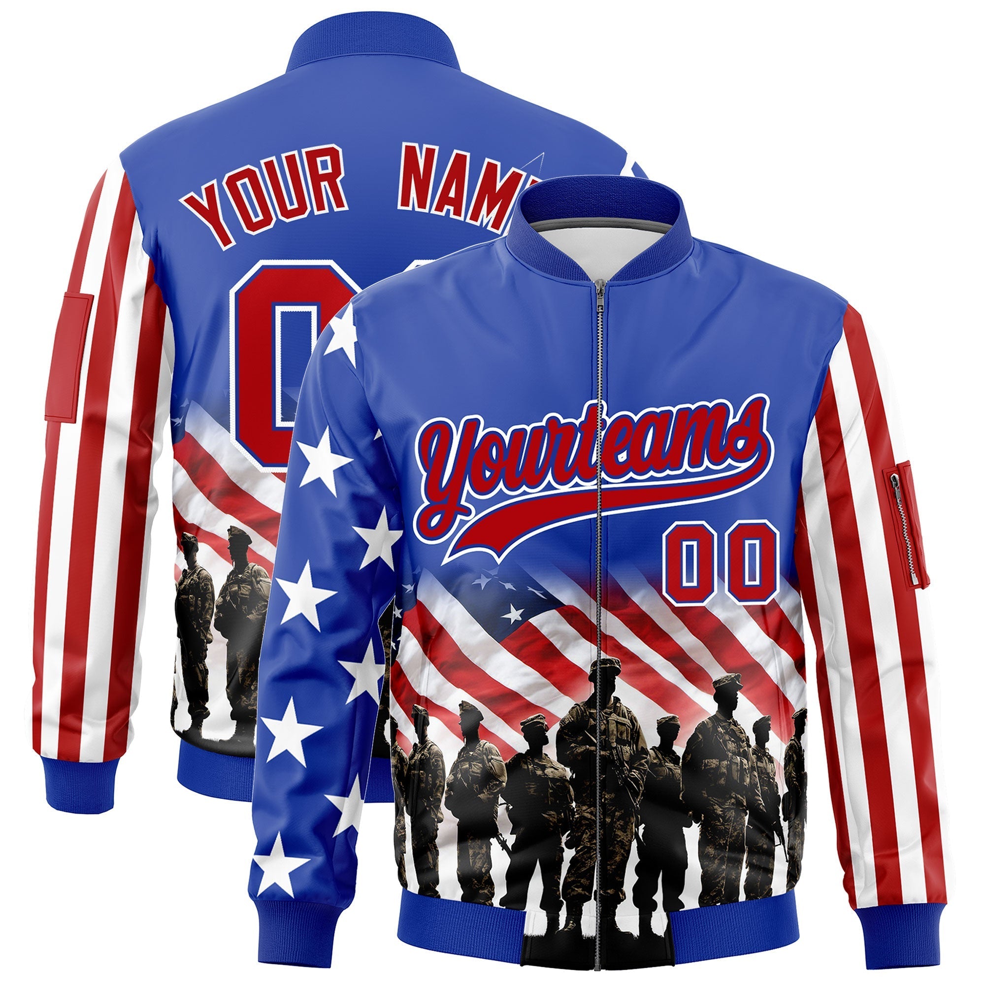 Custom Royal Blue White Red Independence Day Full Zip American Flag Wrinkle-Resistant Jacket| KXKSHOP