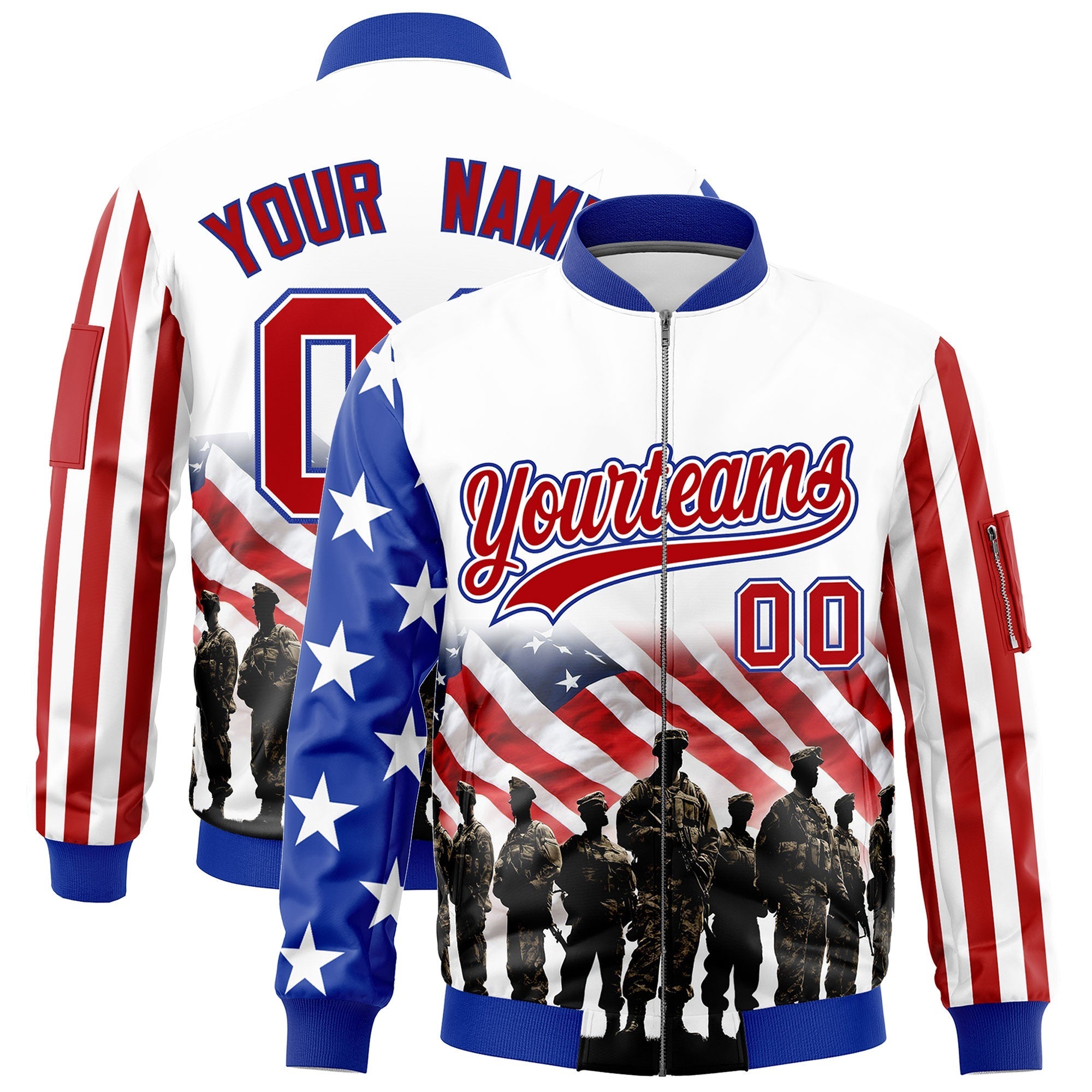 Custom White Red Royal Blue Independence Day Full Zip American Flag Wrinkle-Resistant Jacket| KXKSHOP