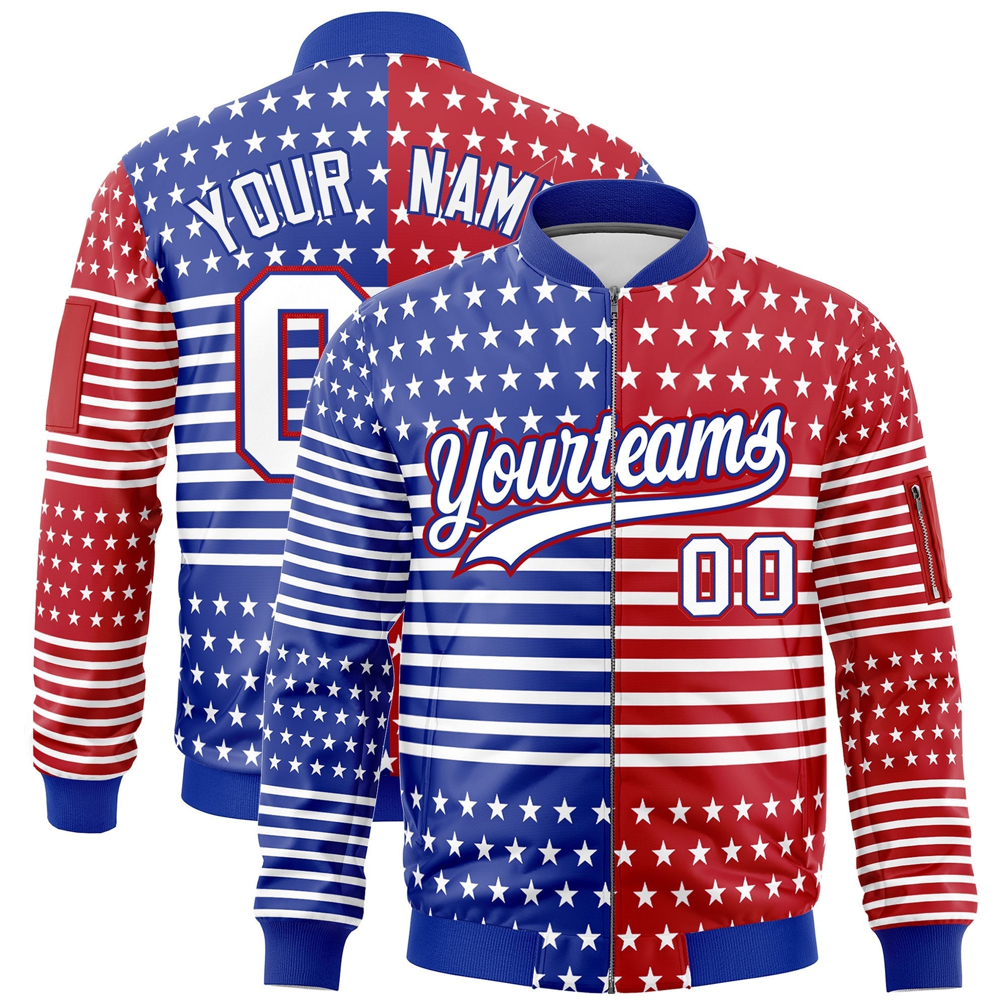 Custom Royal Blue Red White Independence Day Full Zip American Flag Wrinkle-Resistant Jacket| KXKSHOP