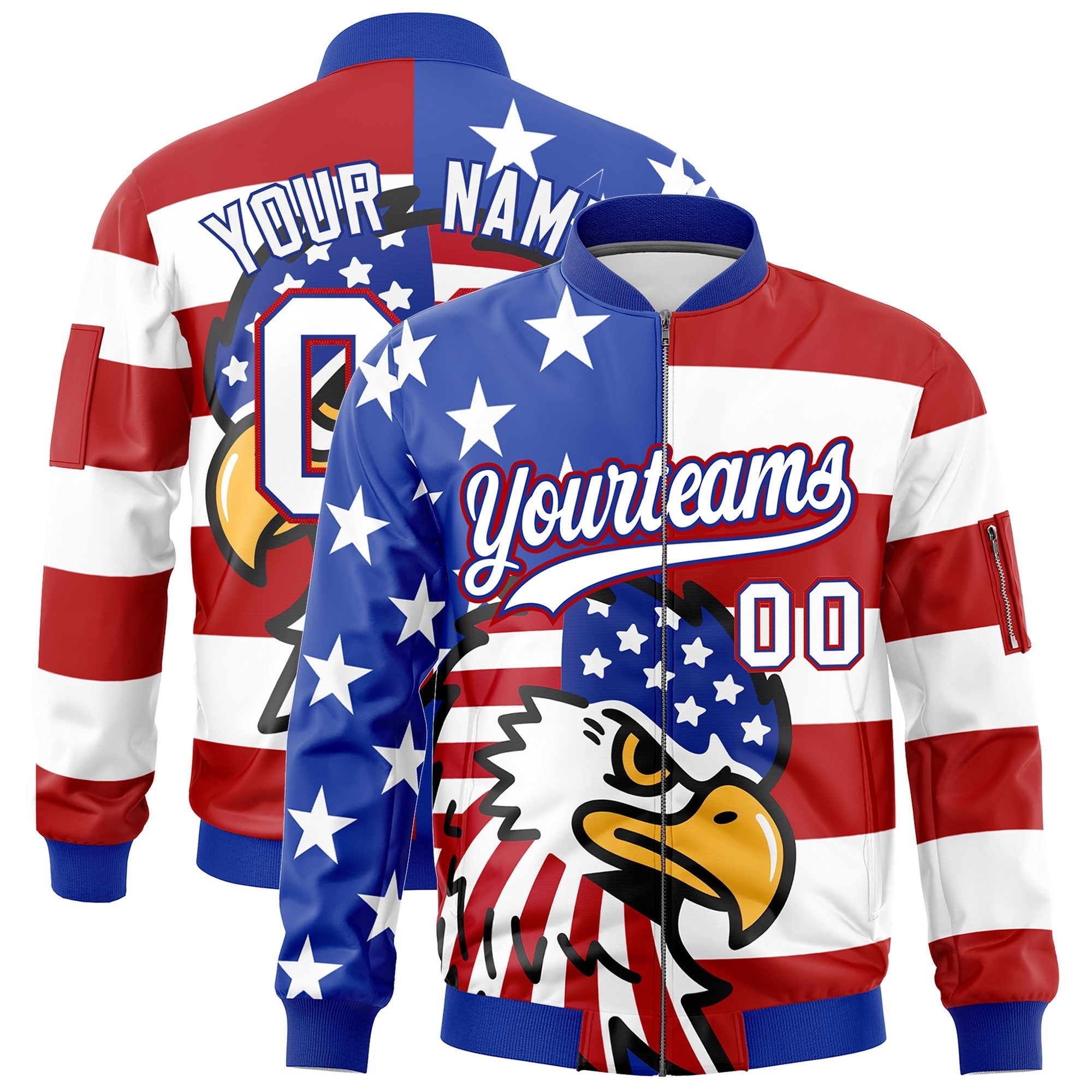 Custom Royal Blue White Red Independence Day Full Zip American Flag Wrinkle-Resistant Jacket| KXKSHOP