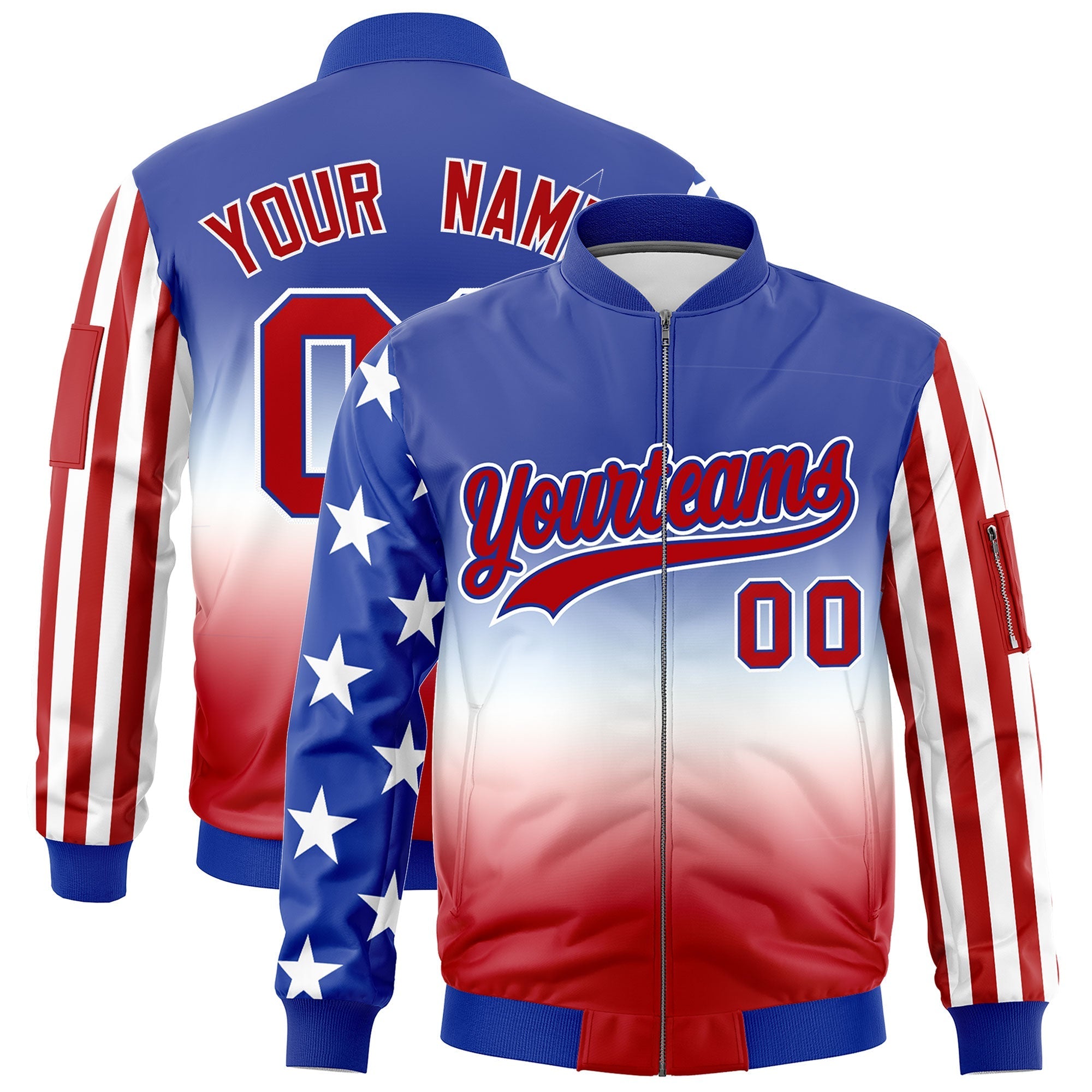Custom Royal Blue White Red Independence Day Full Zip American Flag Wrinkle-Resistant Jacket| KXKSHOP