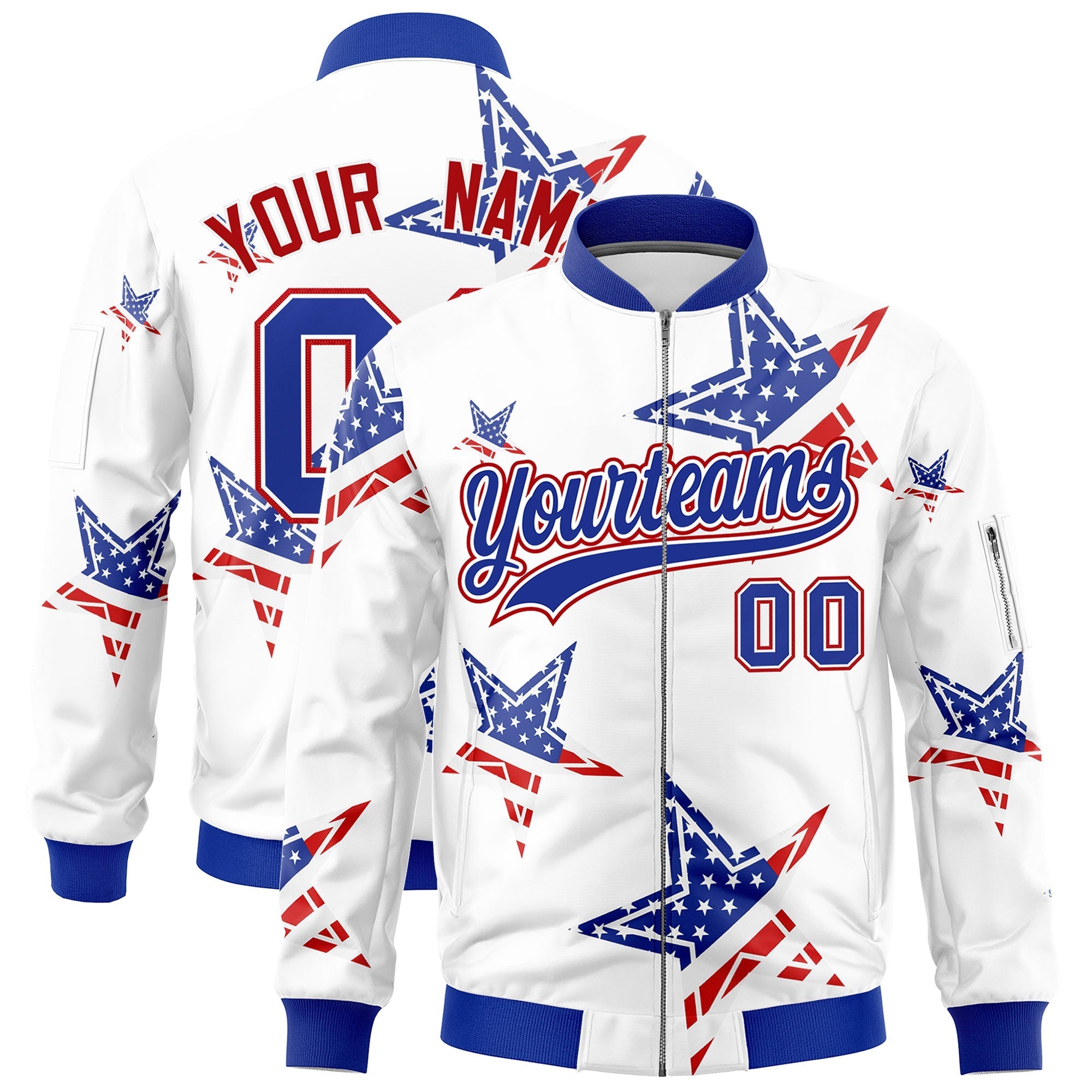 Custom White Royal Blue Red Independence Day Full Zip American Flag Wrinkle-Resistant Jacket| KXKSHOP