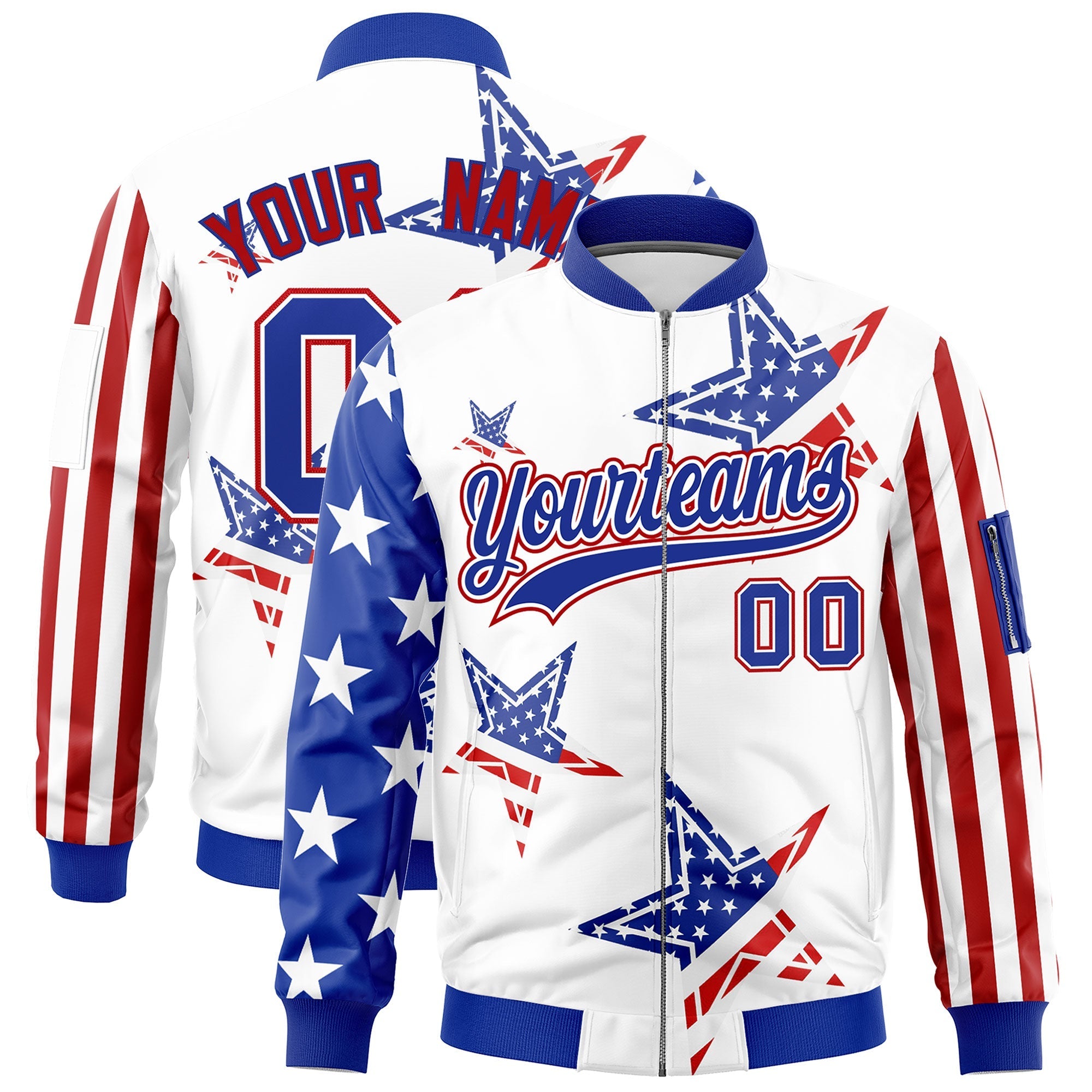 Custom White Red Royal Blue Independence Day Full Zip American Flag Wrinkle-Resistant Jacket| KXKSHOP
