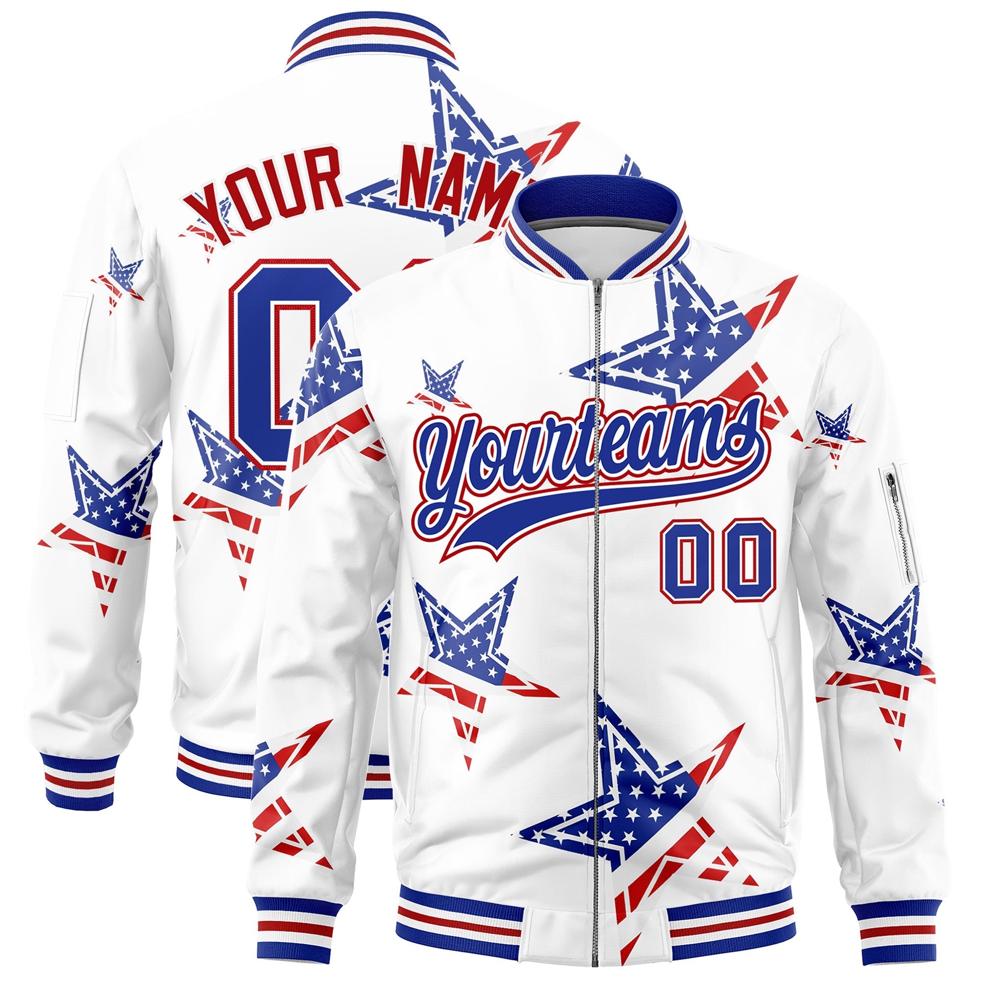 Custom White Royal Blue Red Independence Day Full Zip American Flag Wrinkle-Resistant Jacket| KXKSHOP