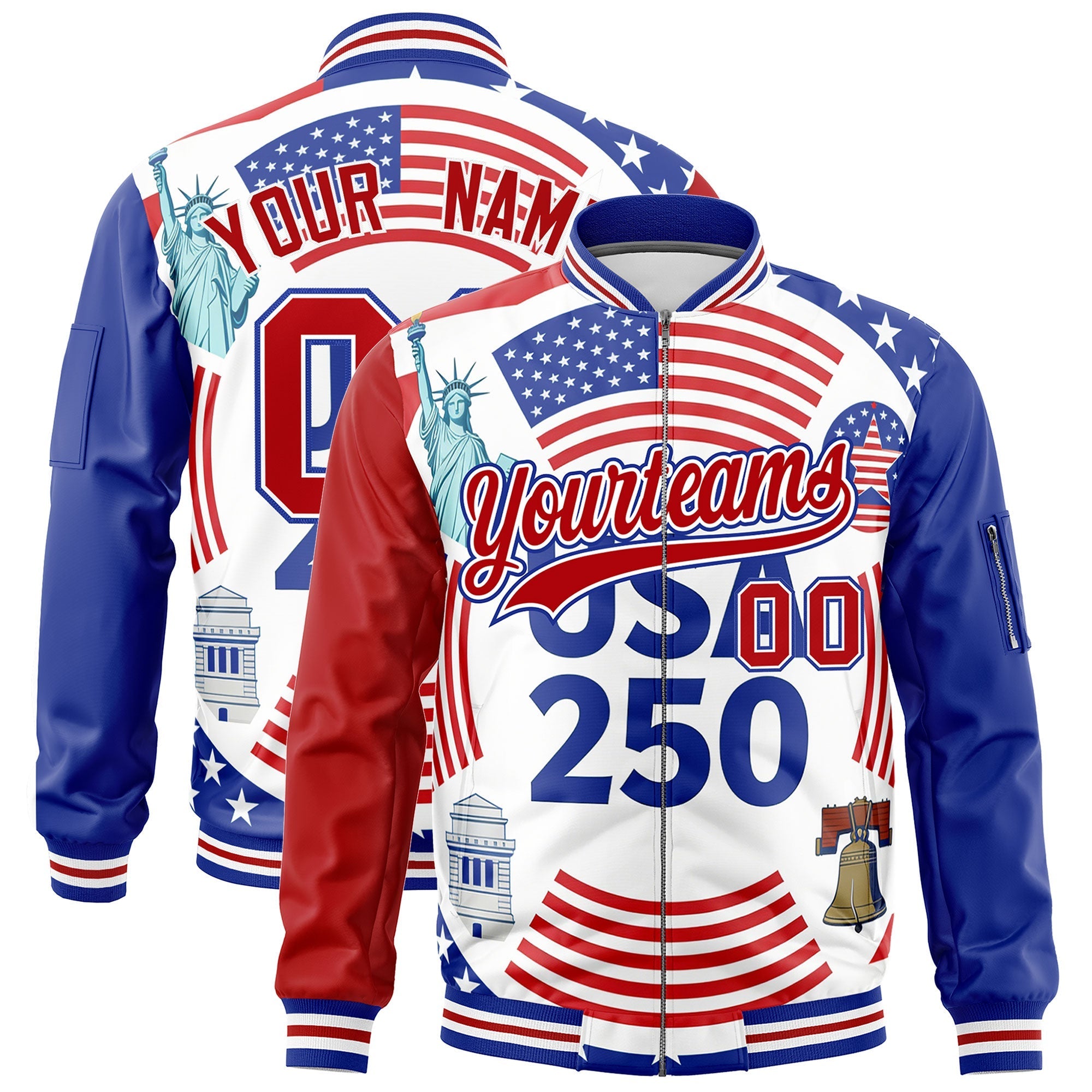 Custom Red Royal Blue White Independence Day Full Zip American Flag Wrinkle-Resistant Jacket| KXKSHOP