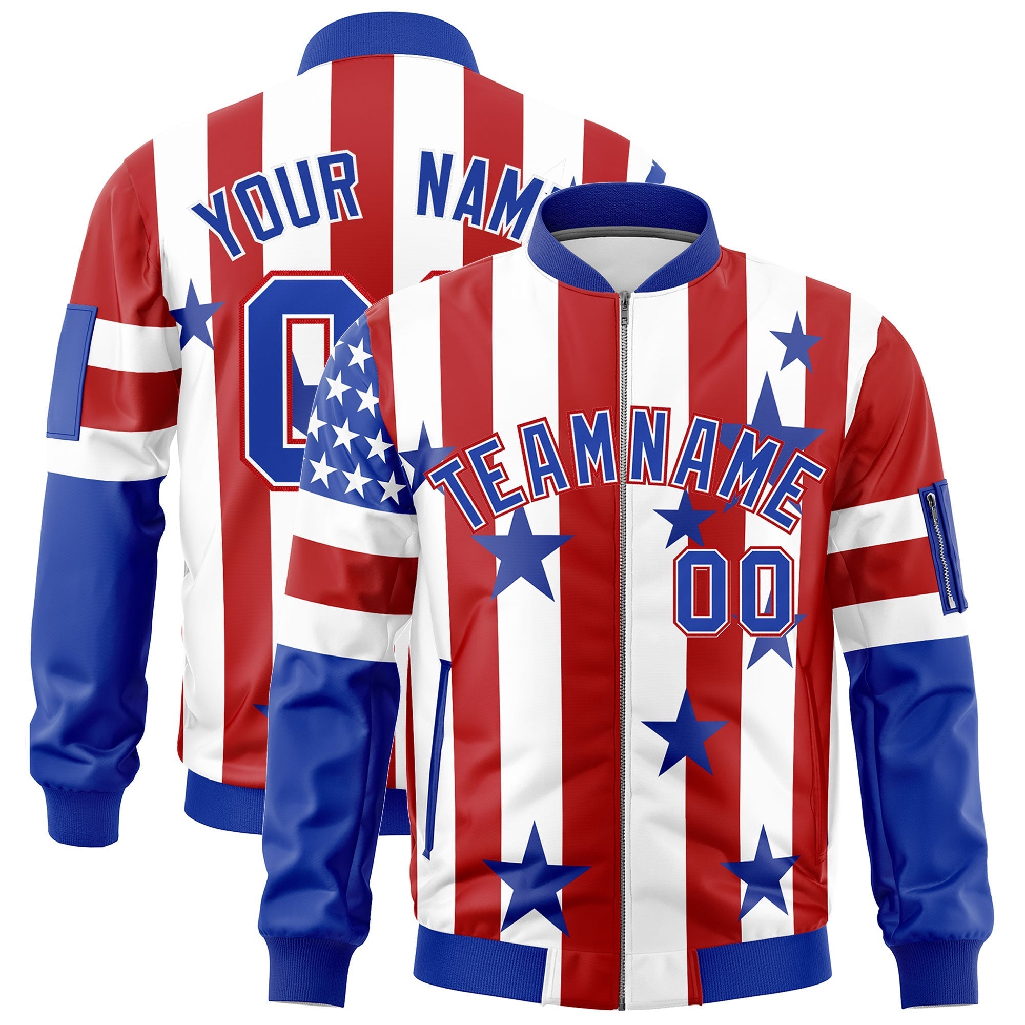 Custom White Red Royal Blue Independence Day Full Zip American Flag Wrinkle-Resistant Jacket| KXKSHOP