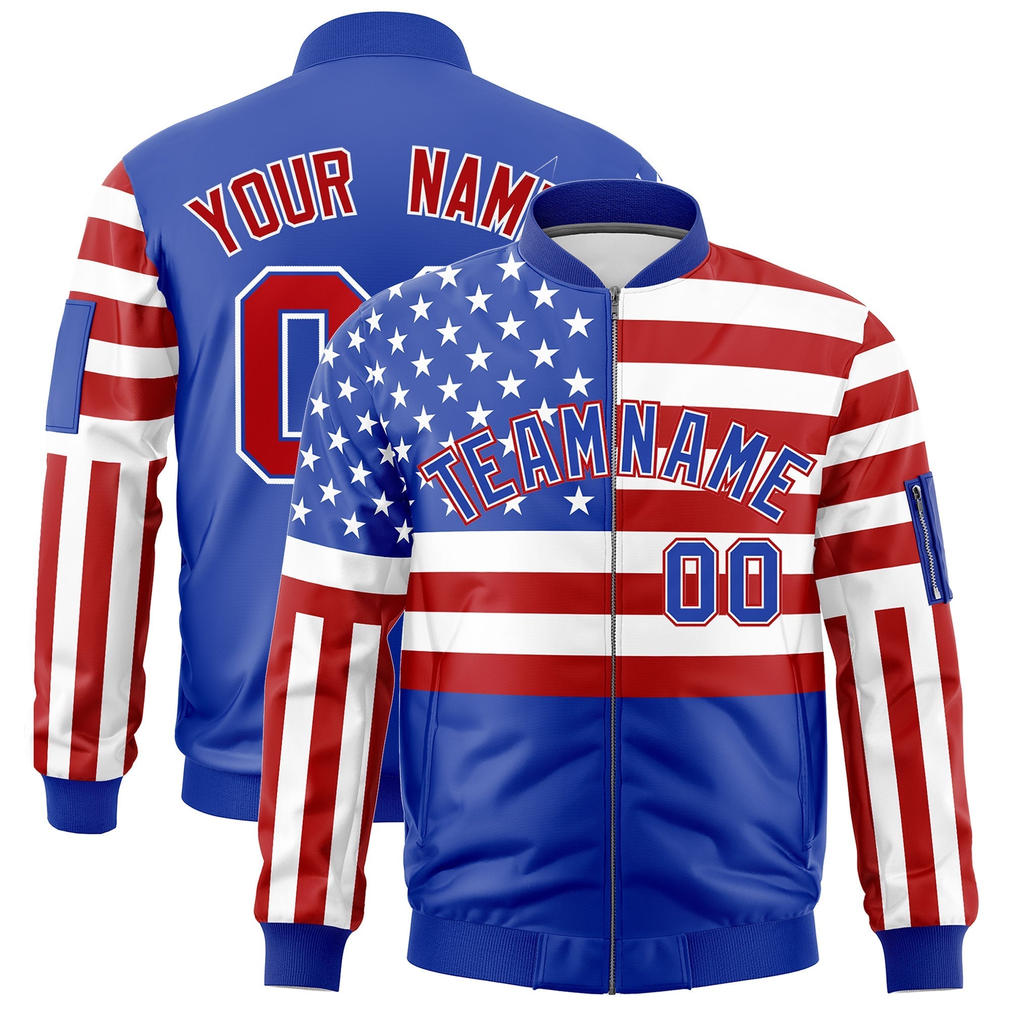 Custom Royal Blue Red White Independence Day Full Zip American Flag Wrinkle-Resistant Jacket| KXKSHOP