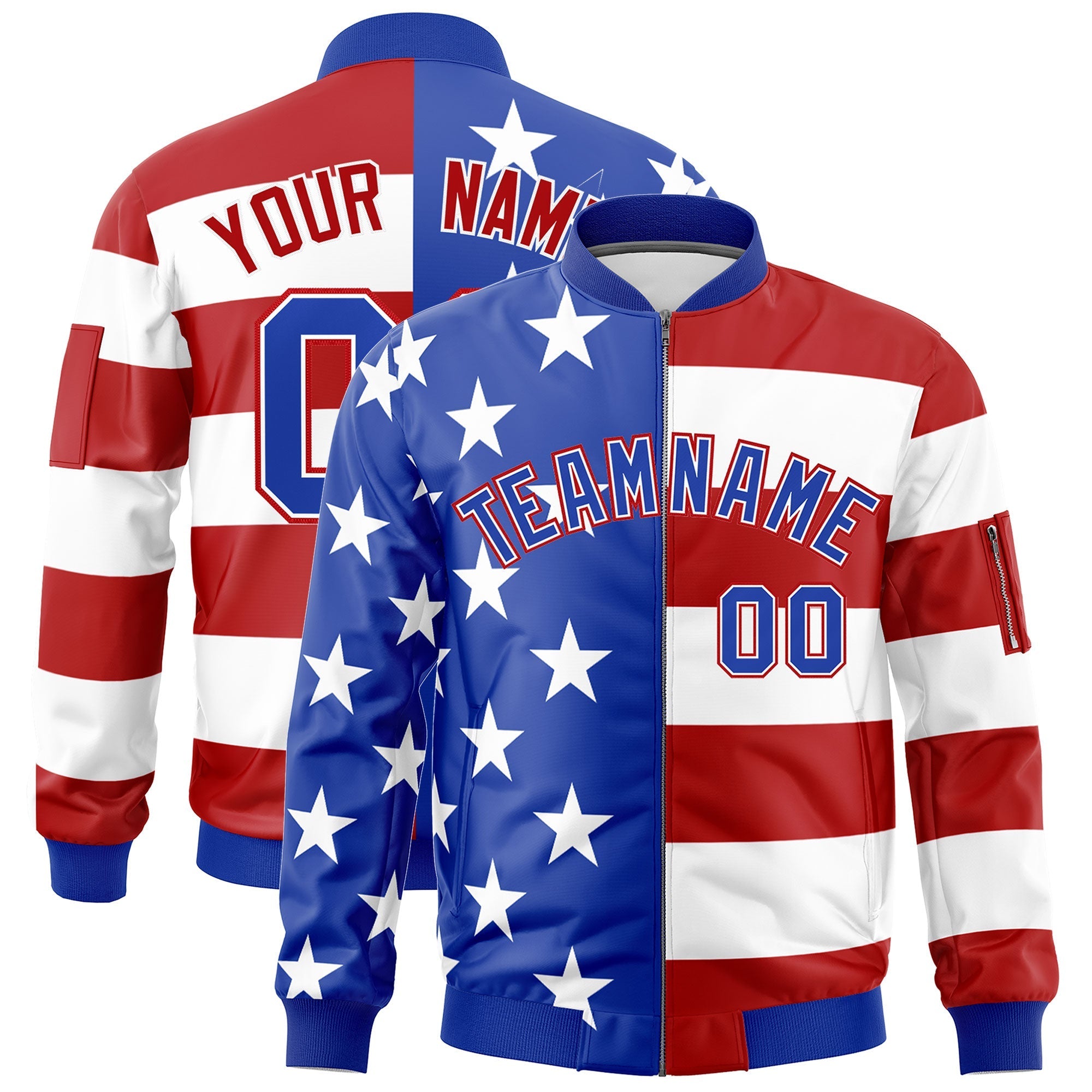 Custom Royal Blue Red White Independence Day Full Zip American Flag Wrinkle-Resistant Jacket| KXKSHOP