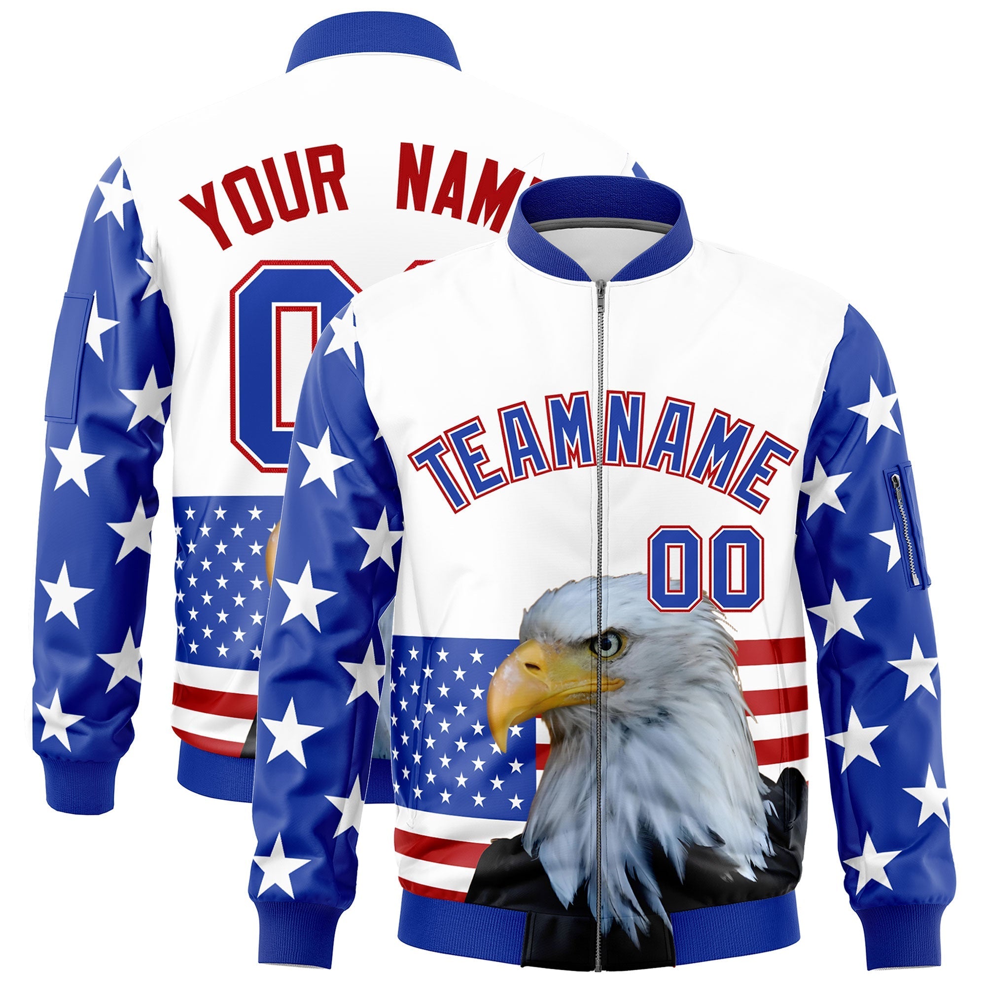 Custom White Royal Blue Red Independence Day Full Zip American Flag Wrinkle-Resistant Jacket| KXKSHOP