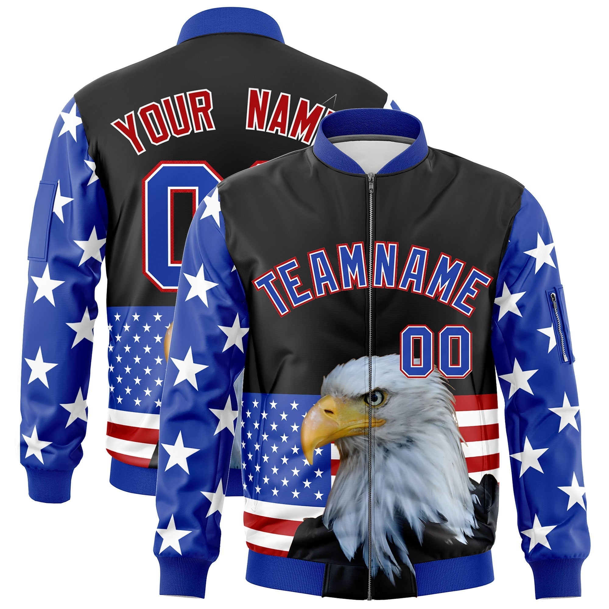 Custom Black Royal Blue White Independence Day Full Zip American Flag Wrinkle-Resistant Jacket| KXKSHOP