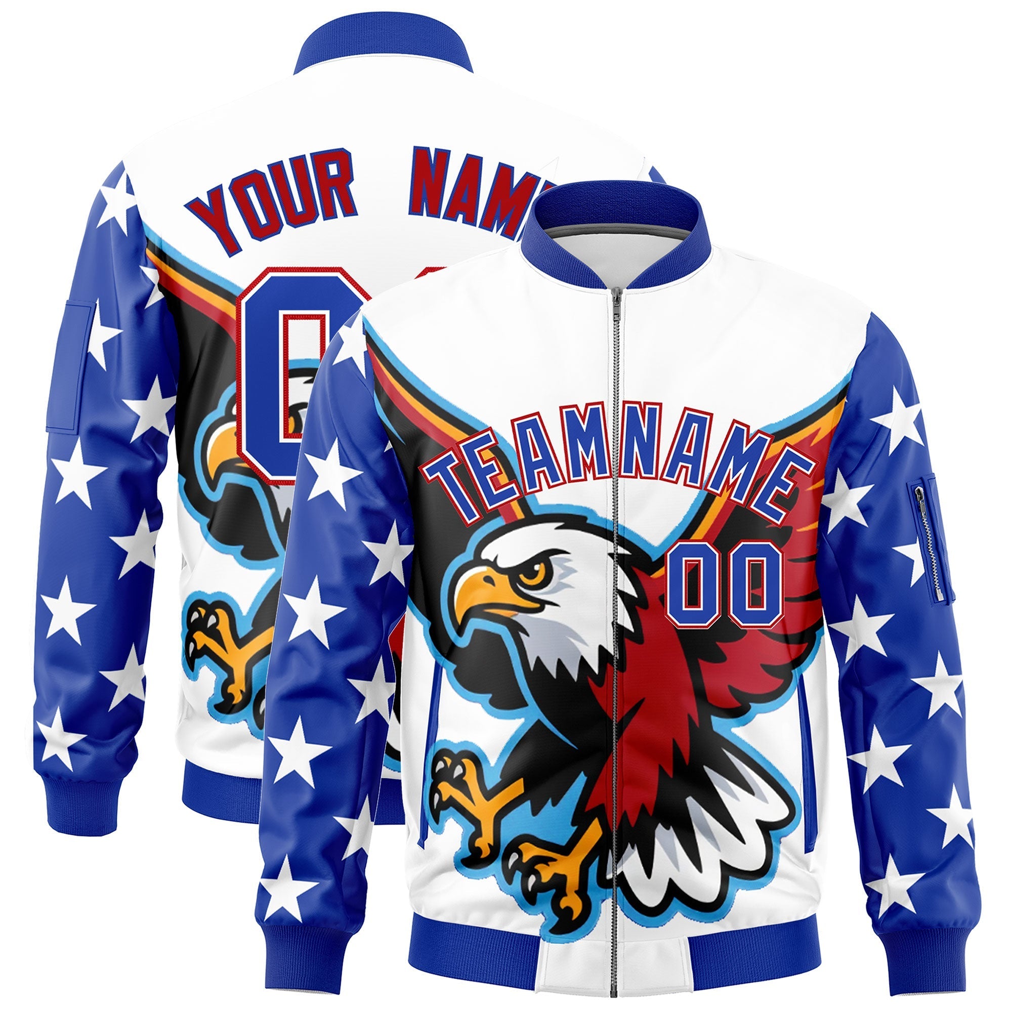 Custom White Royal Blue Red Independence Day Full Zip American Flag Wrinkle-Resistant Jacket| KXKSHOP