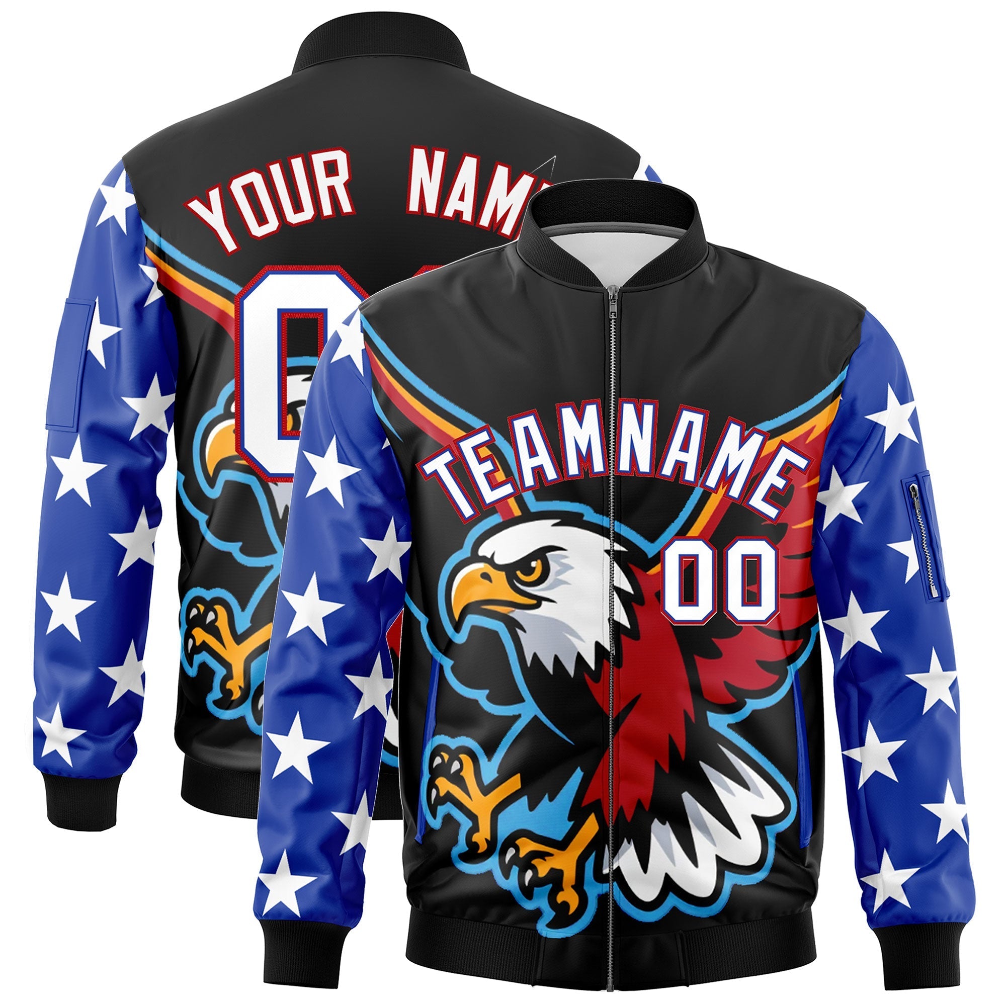 Custom Black Royal Blue White Independence Day Full Zip American Flag Wrinkle-Resistant Jacket| KXKSHOP